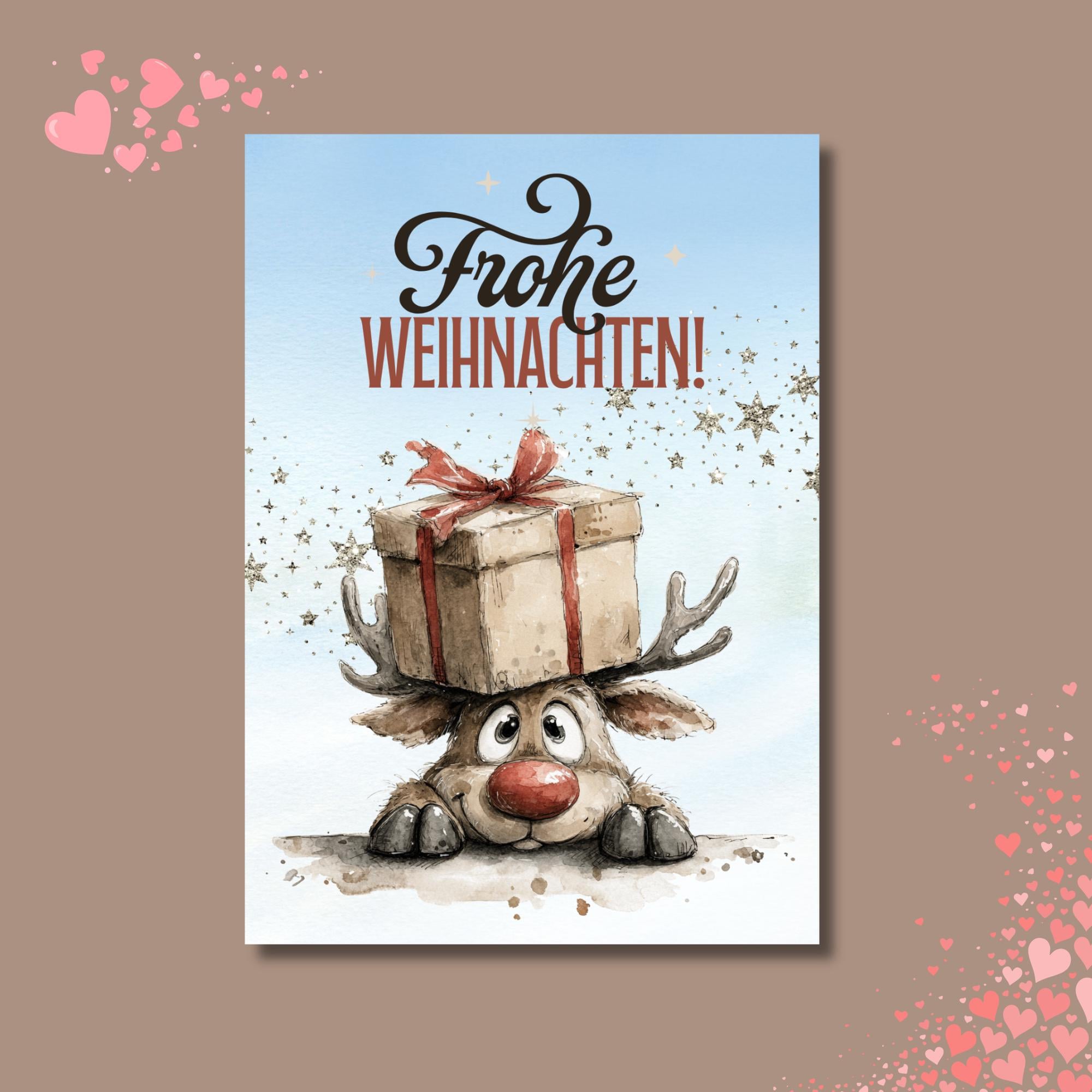 Postkarte Lustiges Rentier Grußkarte Karte zu Weihnachten Wintergrußkarte Weihnachtskarte Geschenkkarte Hochglanz Karte A6 #PWE201