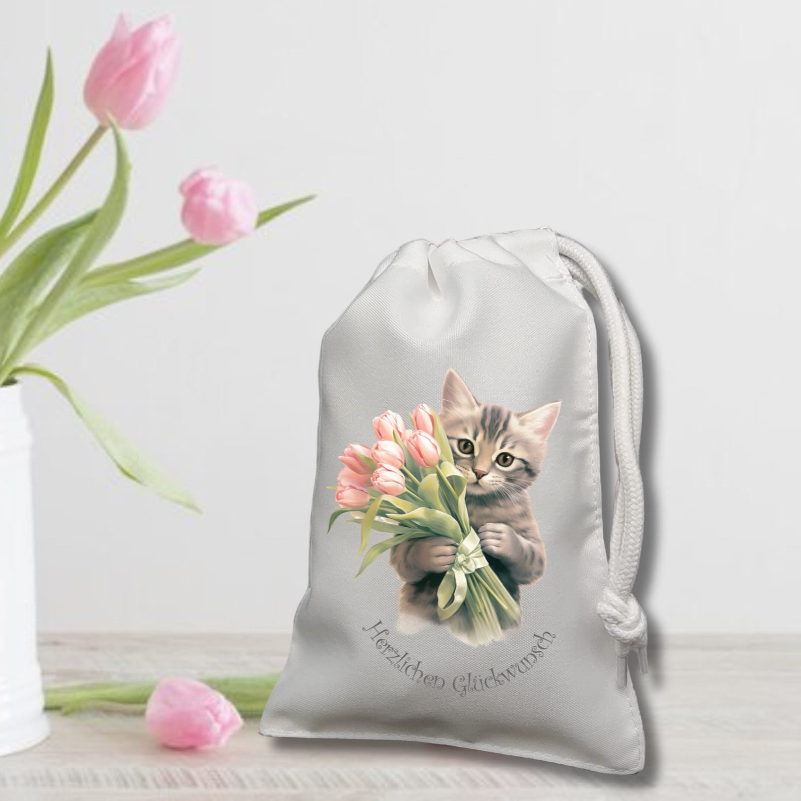 Geschenksäckchen beidseitig bedruckt, Tulpen Katze, Geschenkbeutel, Stofftasche, Stoffbeutel, Verpackung, Geschenkverpackung  #GSSUB