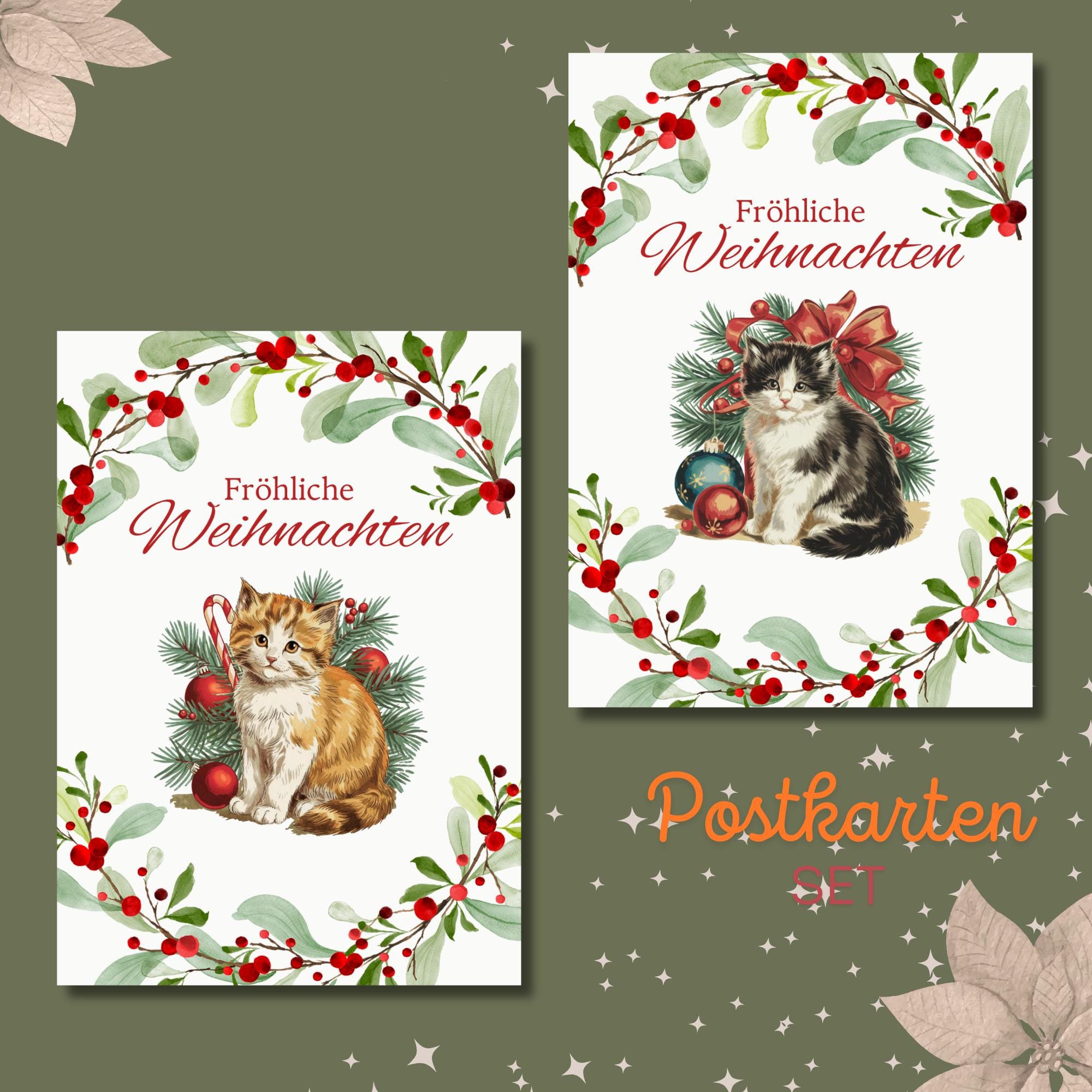 Weihnachtskarte Katze, 2 Kartenmotive zur Auswahl, Postkarte, Geschenkkarte, Weihnachtsgruß, Grußkarte Weihnachten  #PLS