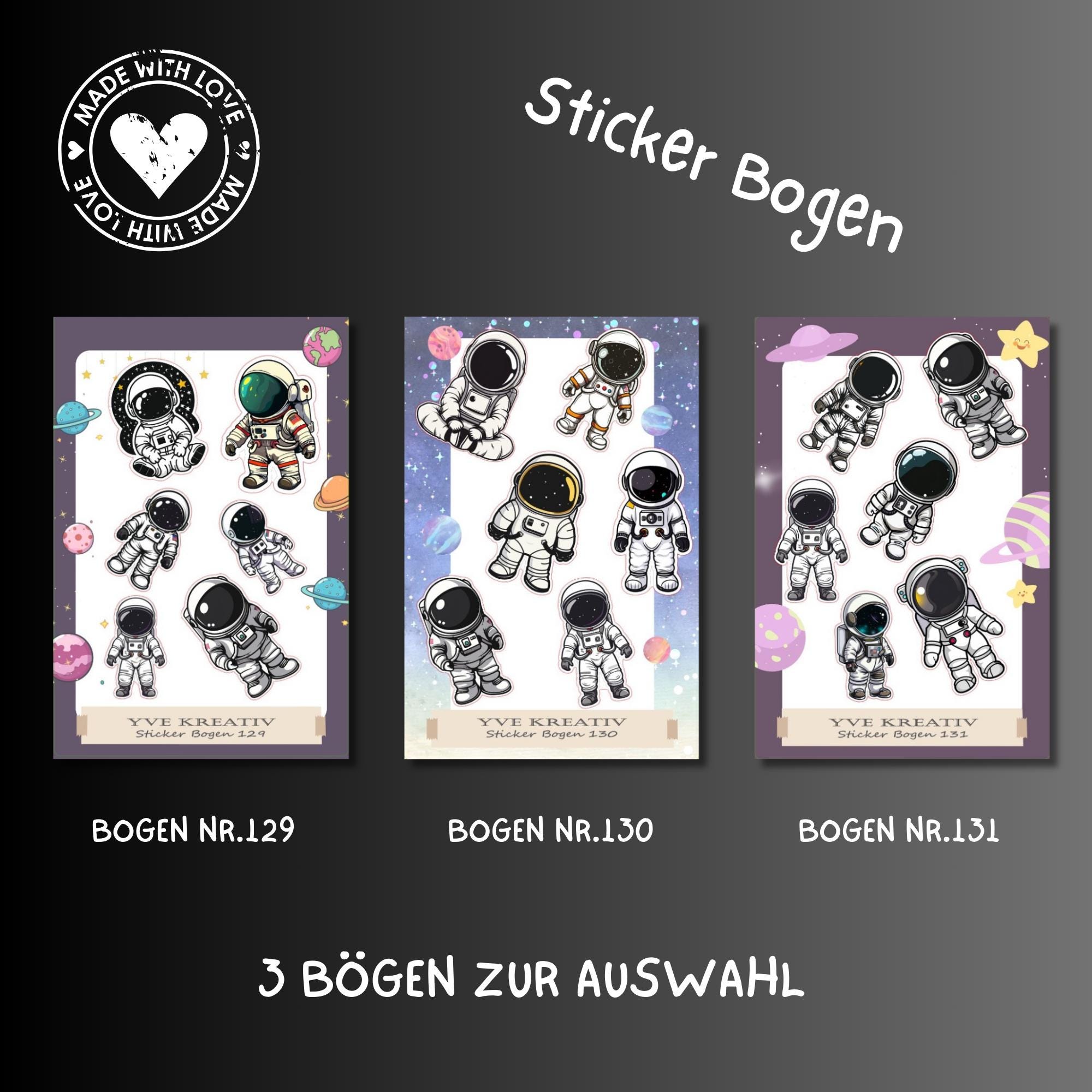 Aufkleber Bogen "Astronaut Weltall" | Sticker Set - Aufkleber 3 Stickerbogen zur Auswahl in Weiß - Transparent - Matt - Glanz  #SBA6