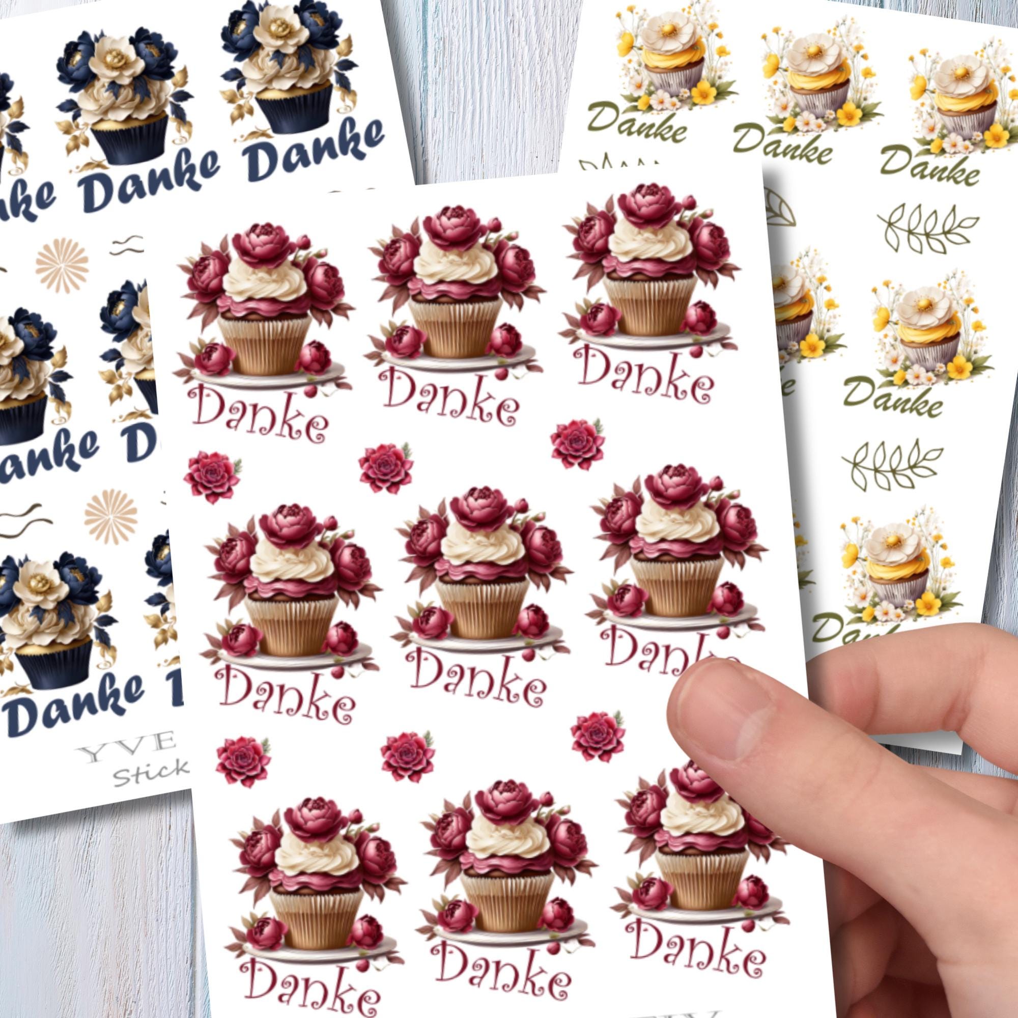 Aufkleber Danke Cupcake Sommer Sticker Bogen Muffin Stickerbogen 3 Bögen zur Auswahl in Weiß - Transparent - Matt - Glanz #SBA6