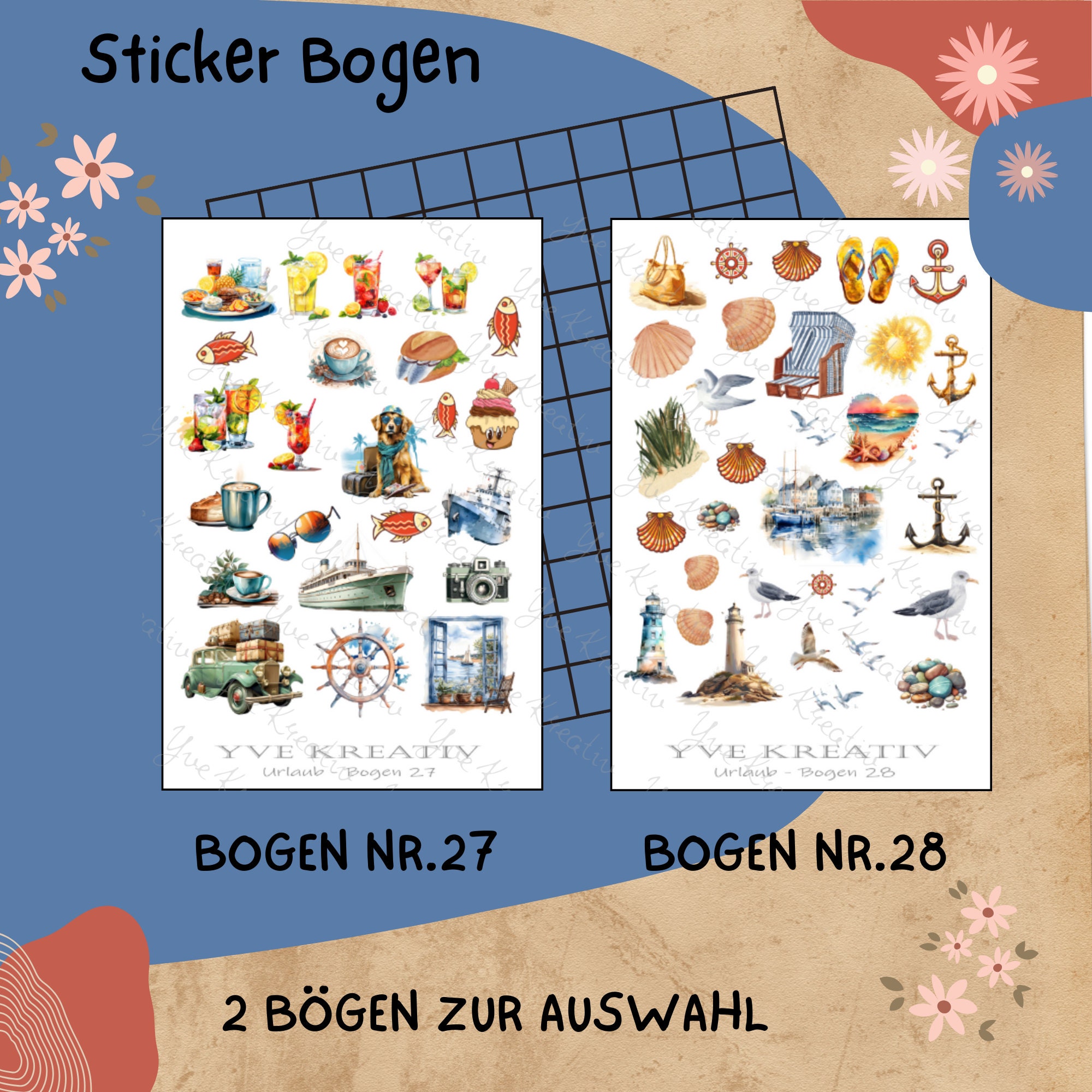 Sticker Bogen " Maritim Meer Urlaub Reisen Strand " | Set - Aufkleber 2 Stickerbögen zur Auswahl in Weiß - Transparent - Matt - Glanz