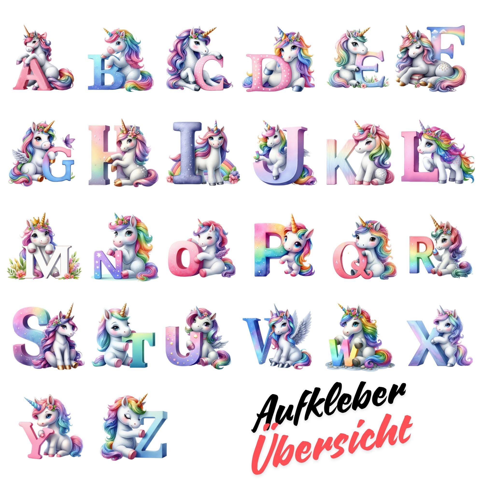 Großer Aufkleber, ABC Sticker, Einhorn, Regenbogen, Kinder, Schule, zur Auswahl in Weiß oder Transparent #SEG8 Großer Aufkleber, ABC Sticker, Einhorn, Regenbogen, Kinder, Schule, zur Auswahl in Weiß oder Transparent #SEG8