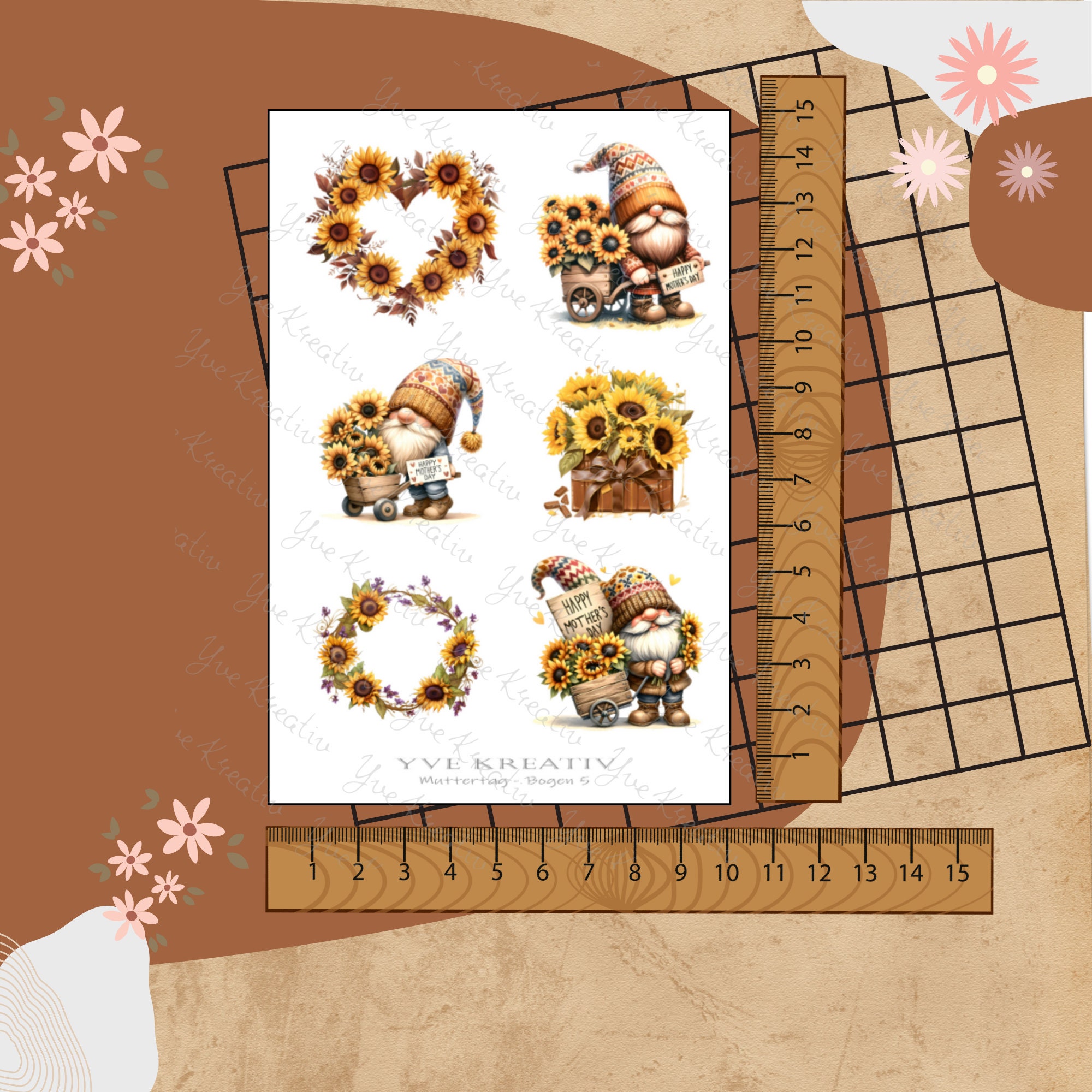 Sticker Aufkleber "Muttertag Sonnenblumen Wichtel" | Sticker Set - 3 Stickerbogen zur Auswahl in Weiß - Transparent - Matt - Glanz #SBA6