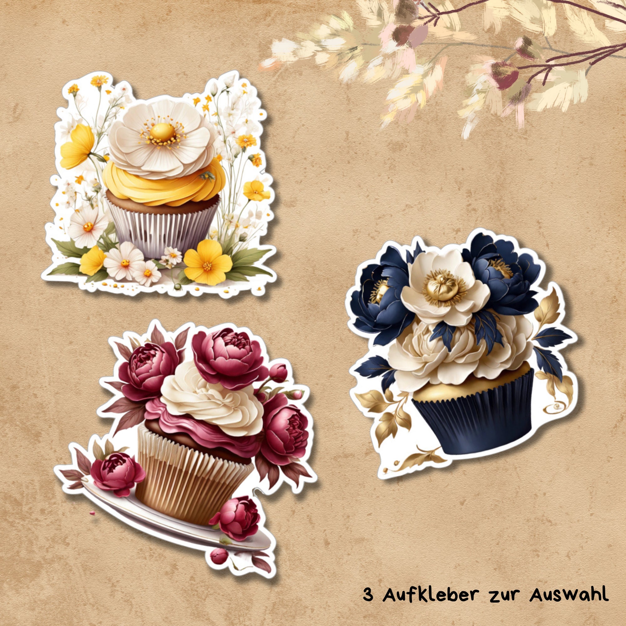 Großer Aufkleber "Blüten Cupcake" großer Koffer Sticker, Kofferaufkleber  - 3 Aufkleber zur Auswahl in Weiß oder Transparent  #SEG8