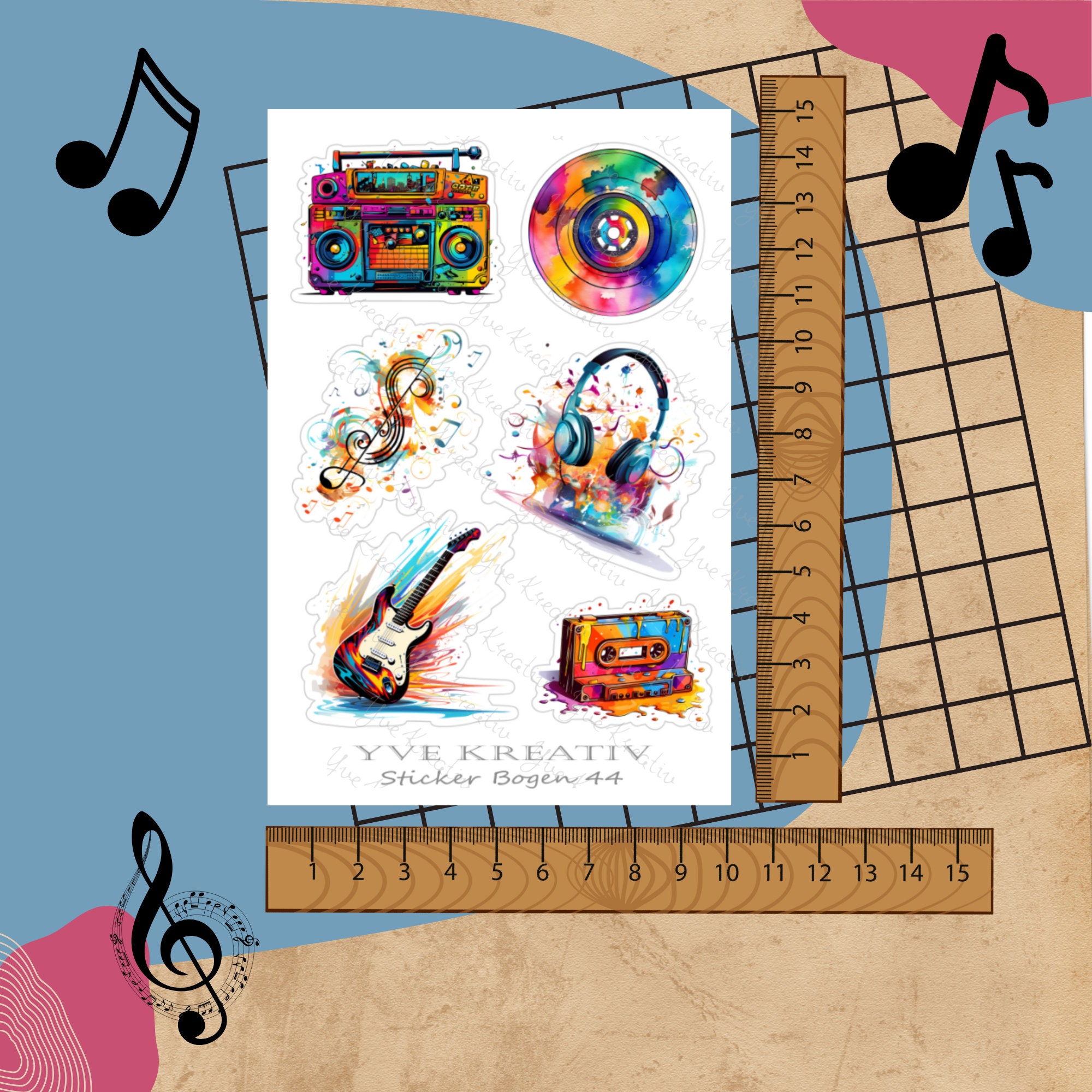 Sticker Bogen, Musik Instrumente, Sticker Set, Aufkleber, 3 Stickerbogen zur Auswahl in Weiß - Transparent - Matt - Glanz#SBA6