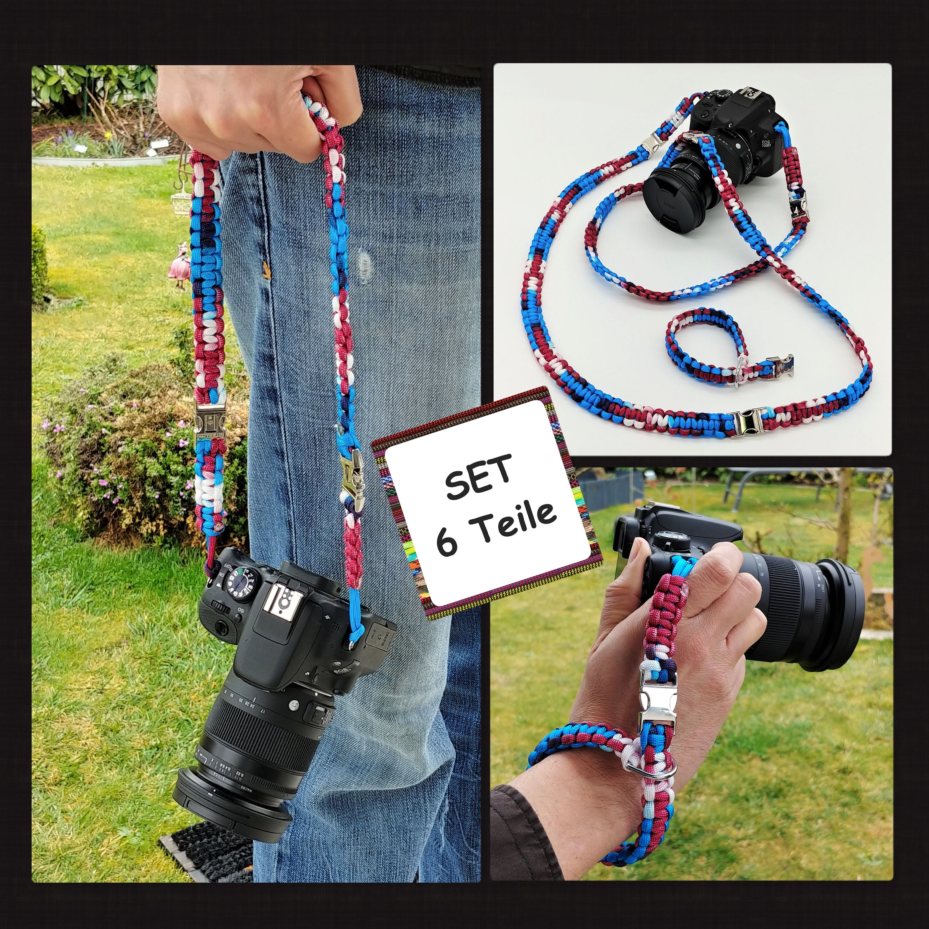6 tlg. SET Kameragurt inkl. Handschlaufe geknotet aus Parachute Cord (Fallschirmschnur) Kamera Zubehör - Farbe "Galaxy" 6 tlg. SET Kameragurt inkl. Handschlaufe geknotet aus Parachute Cord (Fallschirmschnur) Kamera Zubehör - Farbe "Galaxy"