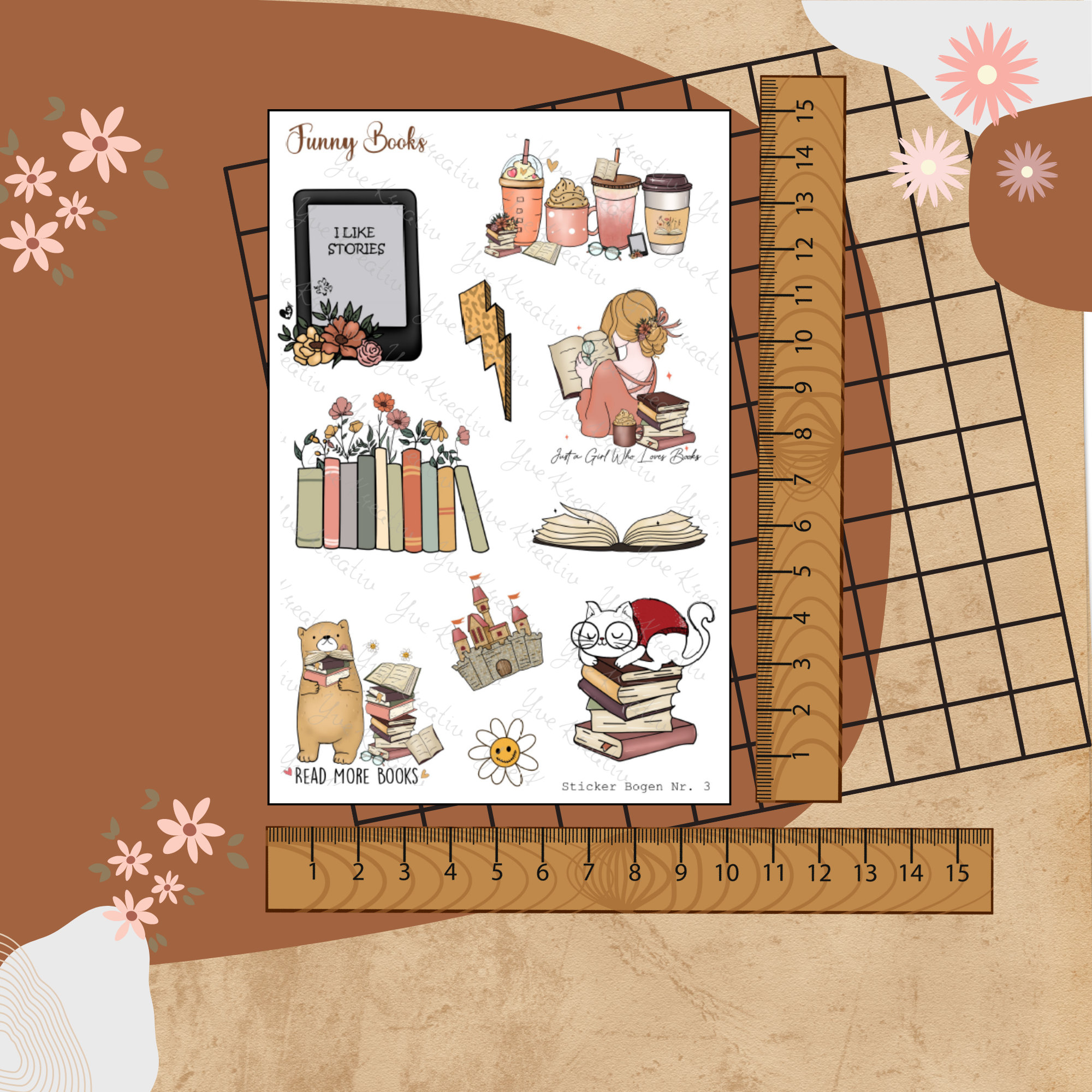 Stickerbogen " Funny Books - Bücher Lesen " | Sticker Set - Aufkleber 3 Stickerbogen zur Auswahl in Weiß - Transparent - Matt - Glanz  #SBA6