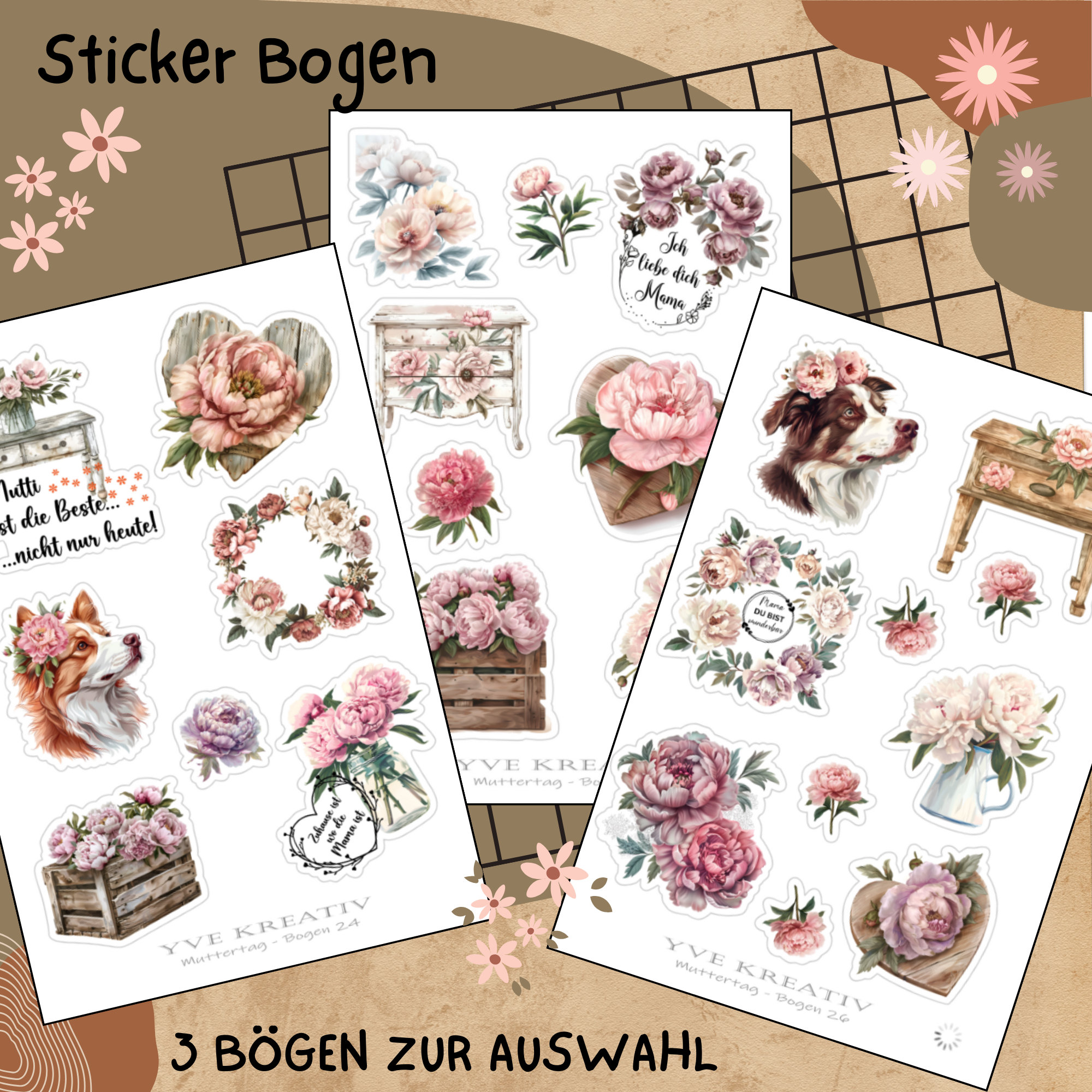 Sticker Bogen " Muttertag Nostalgie Pfingstrose " | Sticker Set - Aufkleber 3 Stickerbogen zur Auswahl in Weiß - Transparent - Matt - Glanz