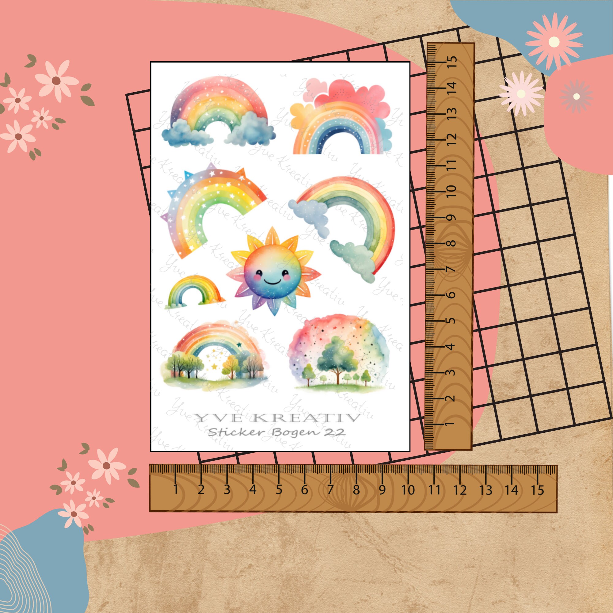 Sticker Bogen " Regenbogen kunterbunt" | Sticker Set - Aufkleber 3 Stickerbogen zur Auswahl in Weiß - Transparent - Matt - Glanz