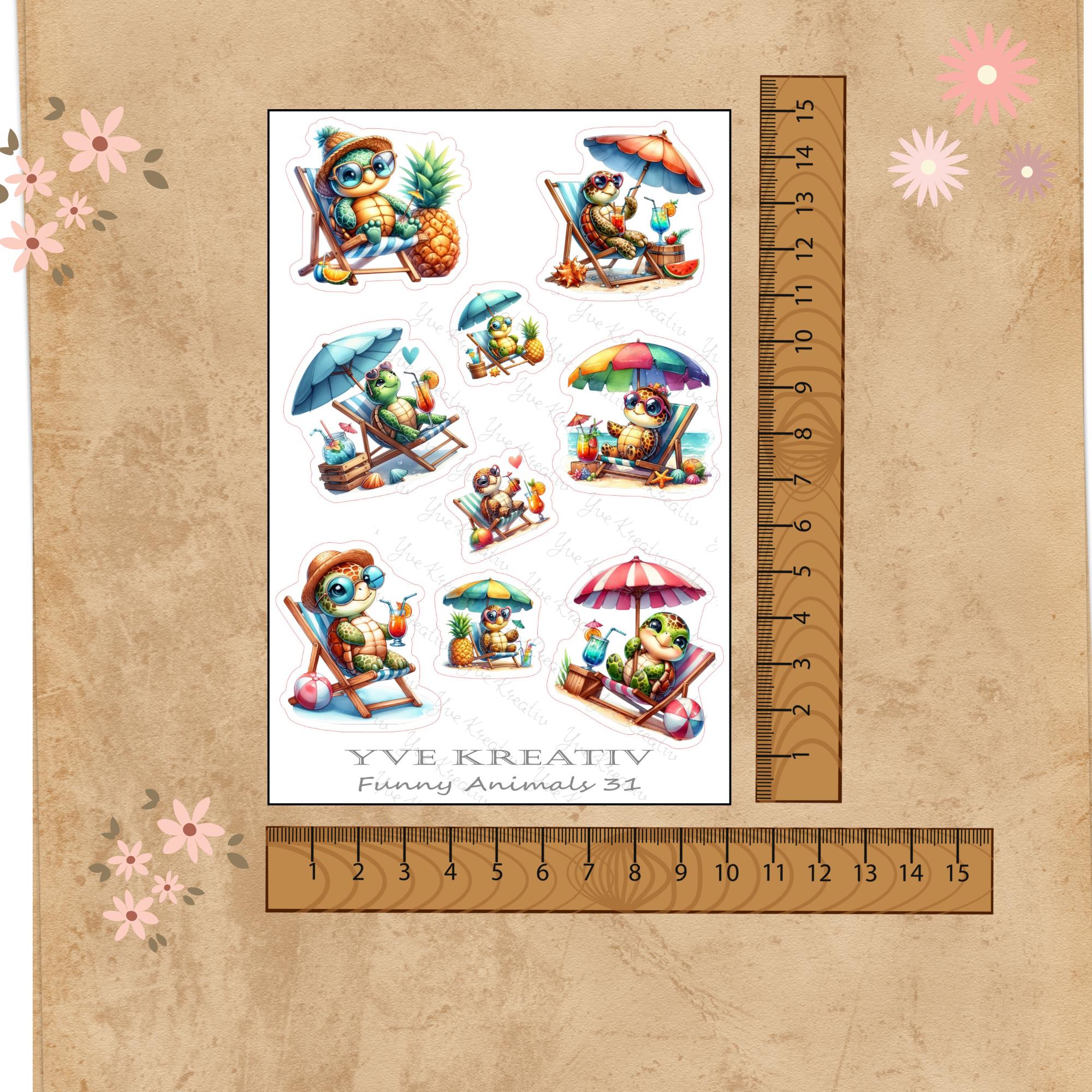 Aufkleber Urlaub Schildkröte Stickerbogen Strand Reise Sticker Set - 3 Bögen zur Auswahl in Weiß - Transparent - Matt - Glanz  #SBA6