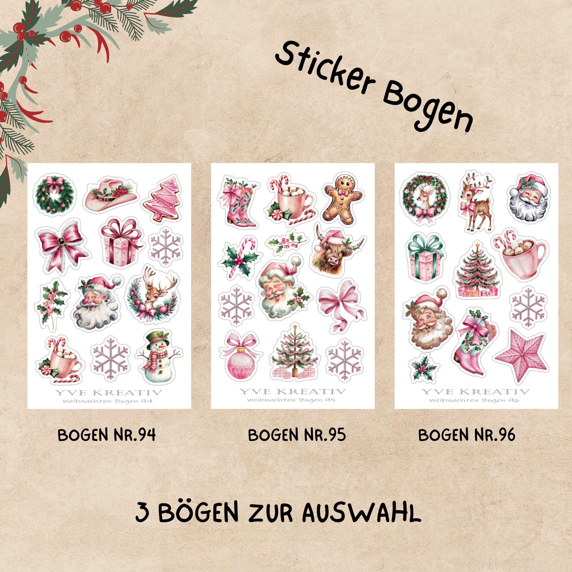 Aufkleber Weihnachtssticker Bogen "Weihnachten Rosa" | Sticker Set - 3 Stickerbogen zur Auswahl in Weiß - Transparent - Matt - Glanz  #SBA6