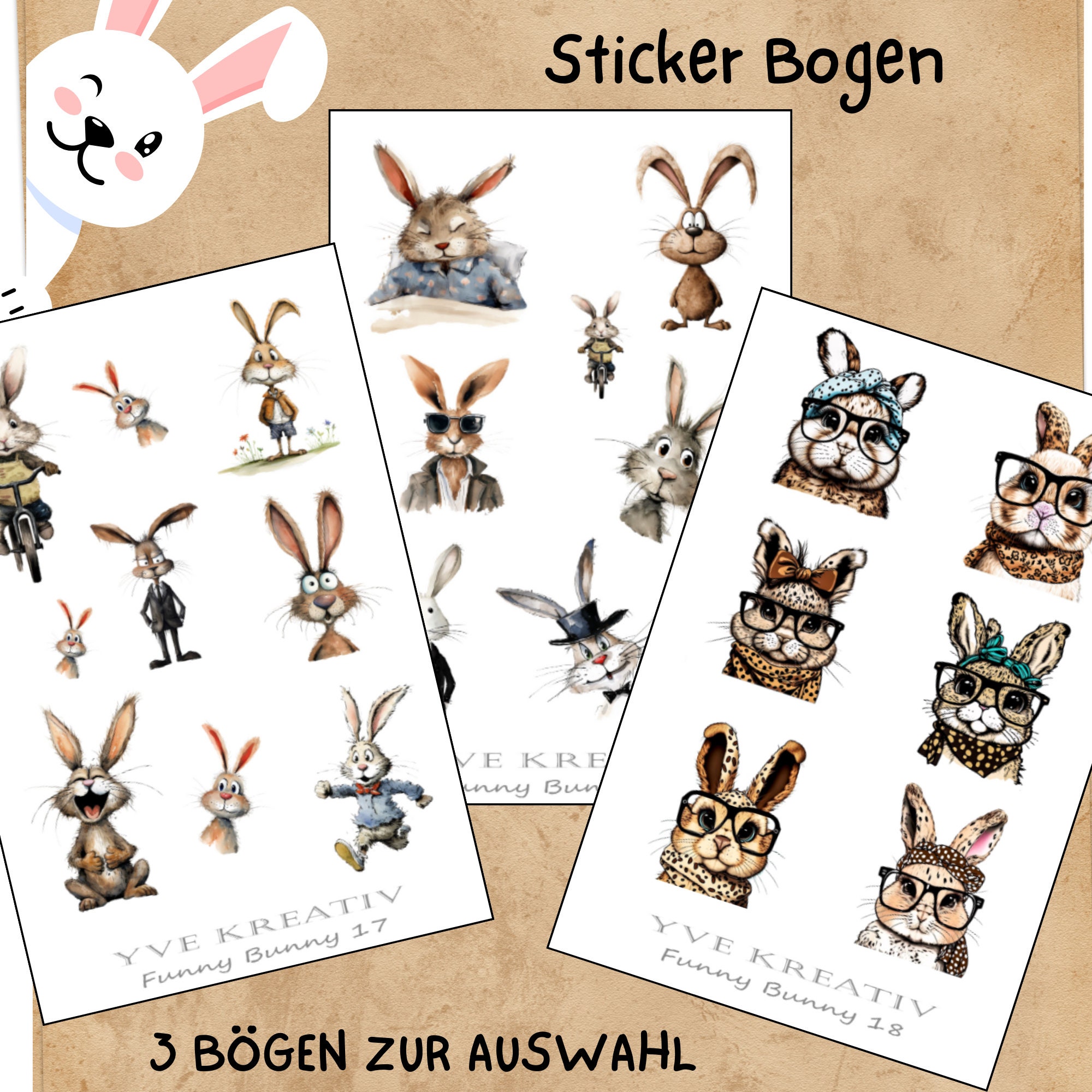 Aufkleber, Sticker Bogen, Hasen, Funny Bunny| Sticker Set - 3 Stickerbogen zur Auswahl in Weiß - Transparent - Matt - Glanz  #SBA6
