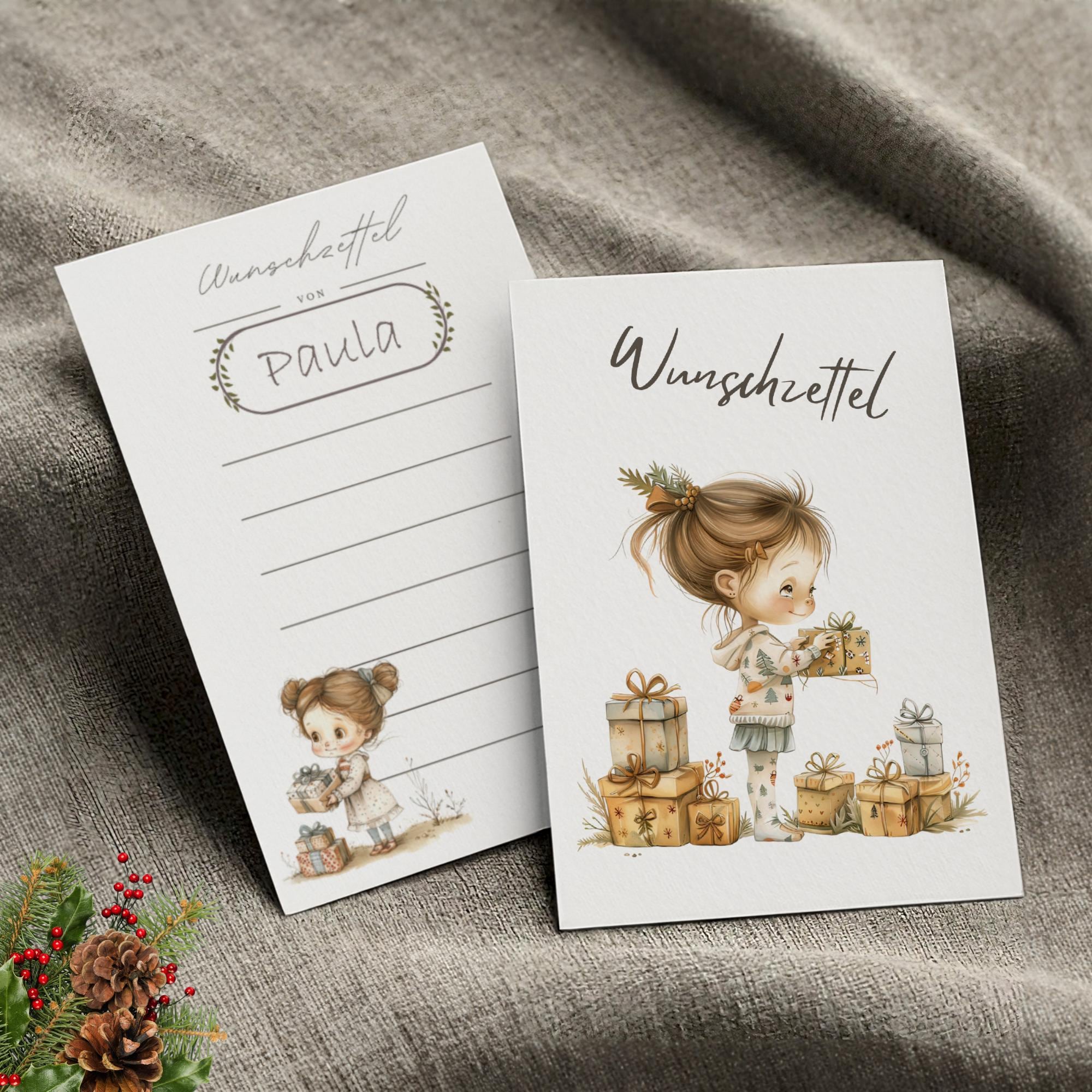 Wunschzettel Postkarte personalisiert mit Namen, Karte zu Weihnachten Wunschliste auf DIN A6 Karton mit Leinenstruktur  #WZLS