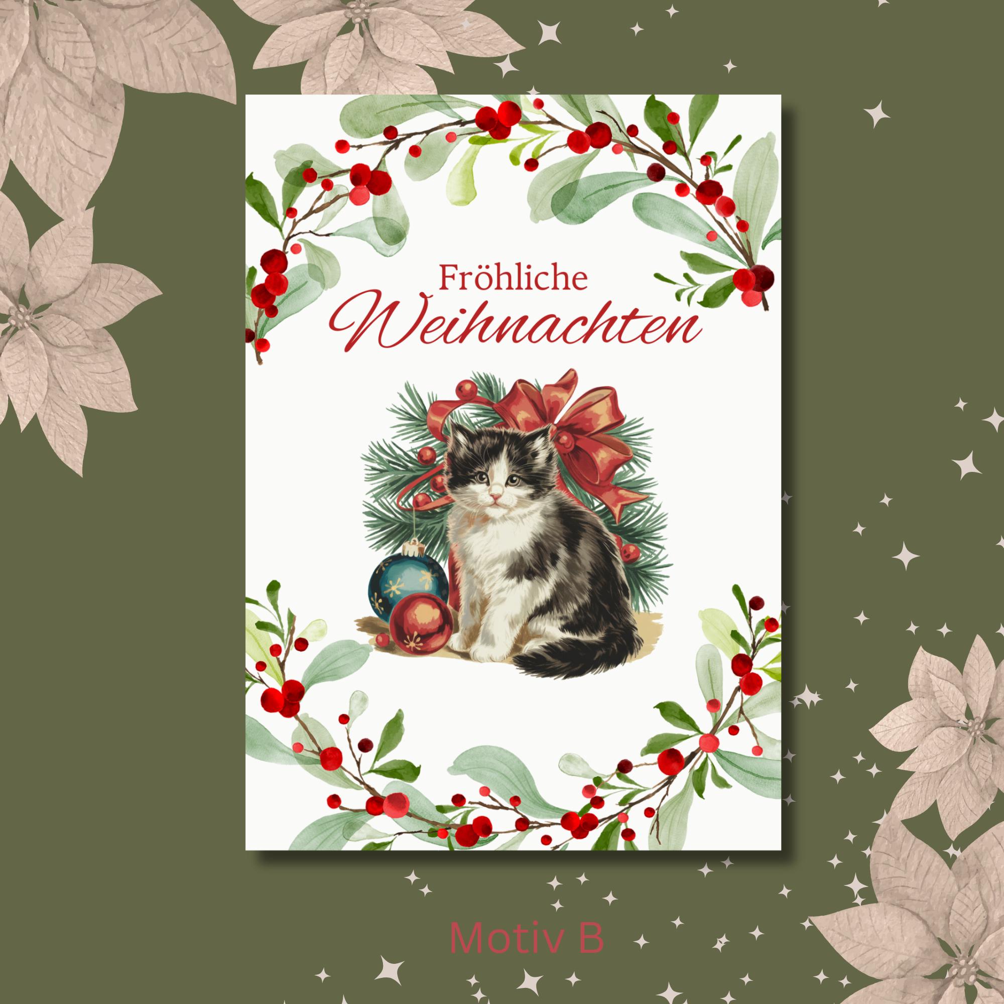 Weihnachtskarte Katze, 2 Kartenmotive zur Auswahl, Postkarte, Geschenkkarte, Weihnachtsgruß, Grußkarte Weihnachten  #PLS