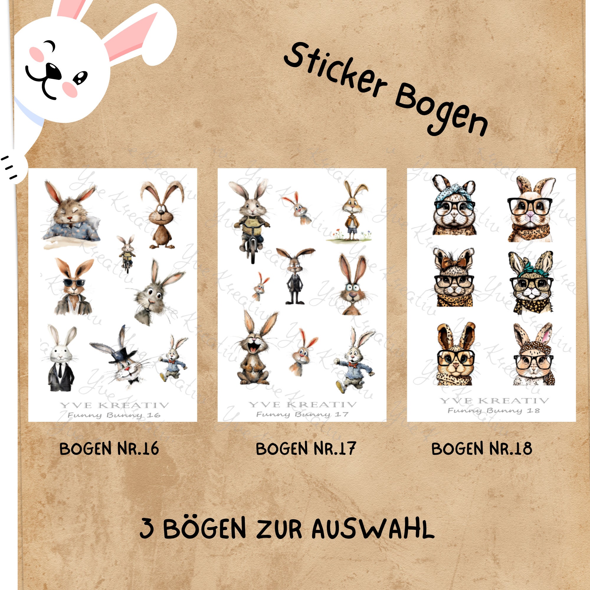 Aufkleber, Sticker Bogen, Hasen, Funny Bunny| Sticker Set - 3 Stickerbogen zur Auswahl in Weiß - Transparent - Matt - Glanz  #SBA6
