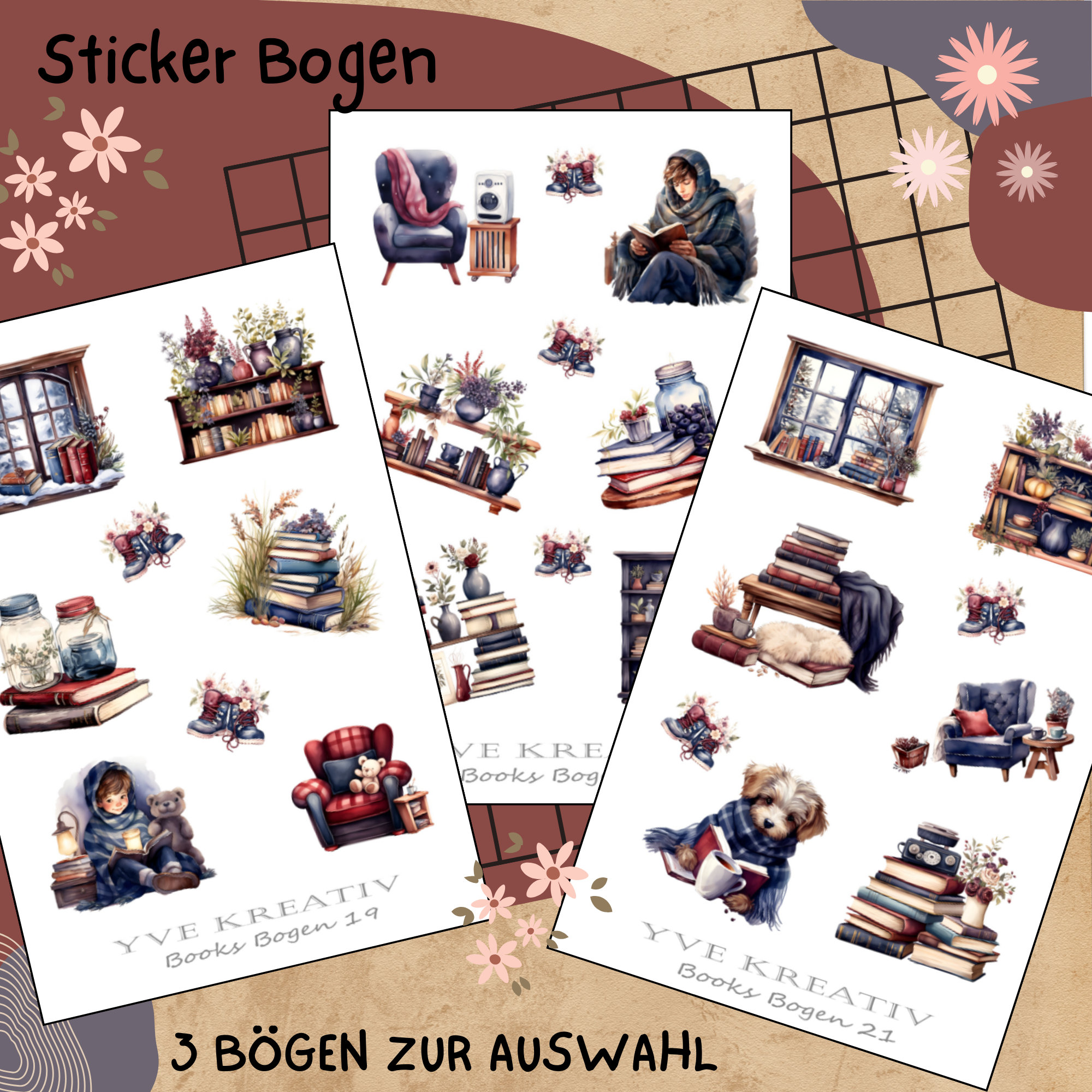 Stickerbogen " Bücher Lesen - Zeit für Dich " | Sticker Set - Aufkleber 3 Bögen zur Auswahl in Weiß - Transparent - Matt - Glanz  #SBA6