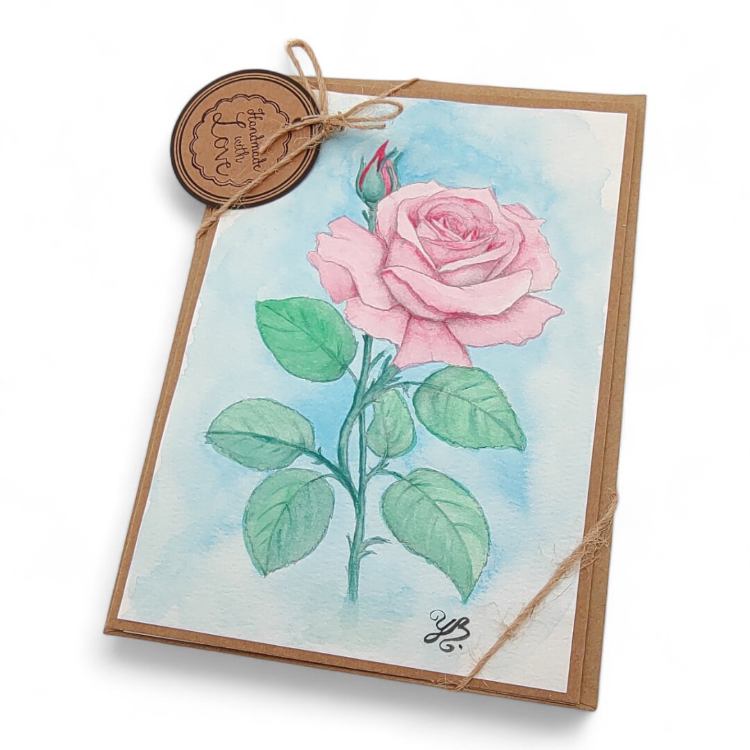 Grußkarte Glückwunschkarte mit Aquarell handbemalt " Rose Blume " für Geldgeschenke Gutscheine