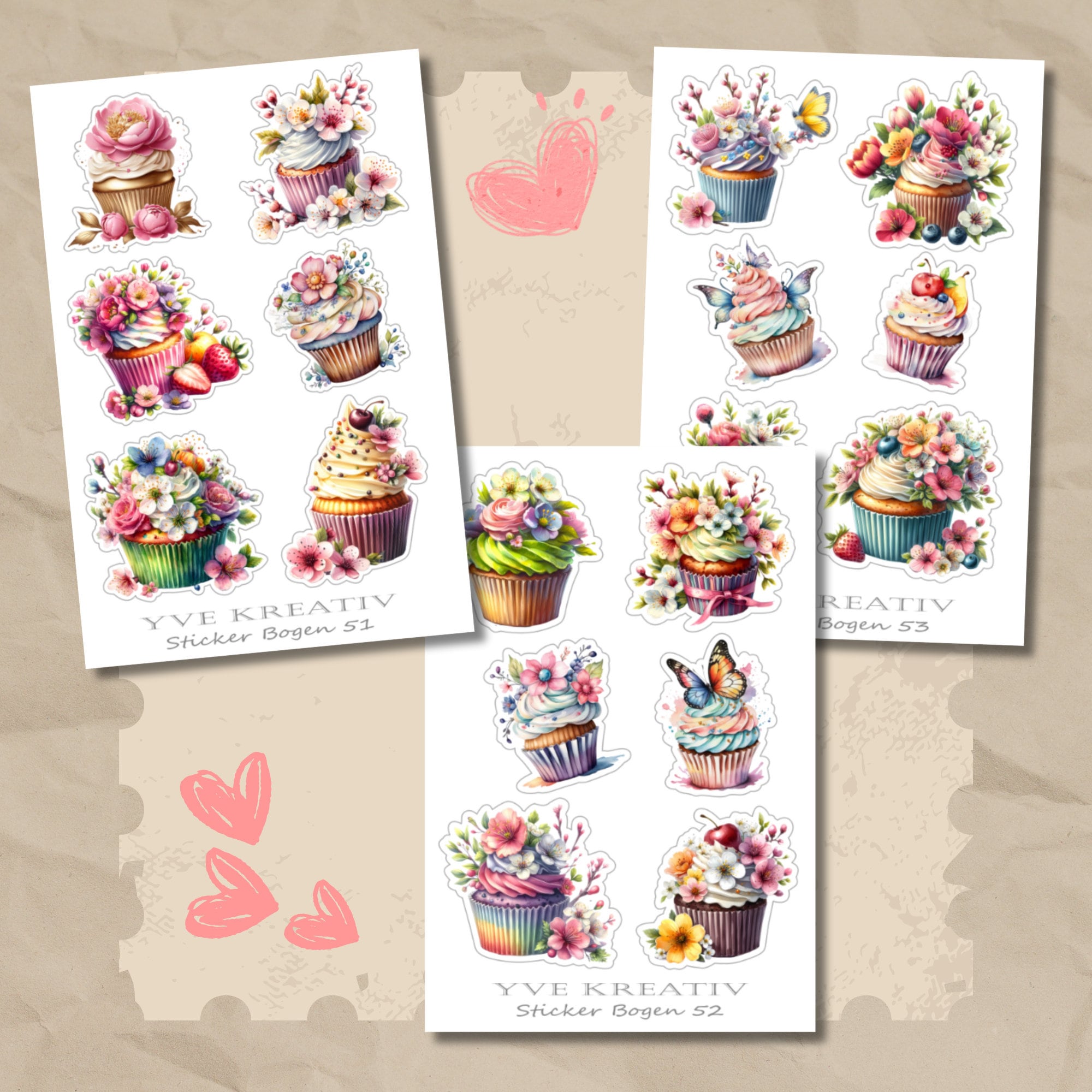 Sticker Bogen, Aufkleber, Cupcake, Muffin | Sticker Set - 3 Stickerbogen zur Auswahl in Weiß - Transparent - Matt - Glanz#SBA6