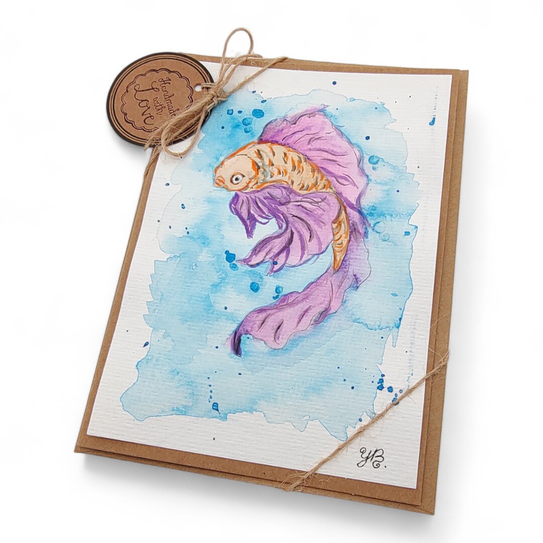Grußkarte Glückwunschkarte mit Aquarell handbemalt " Koi Karpfen Fisch " für Geldgeschenke Gutscheine