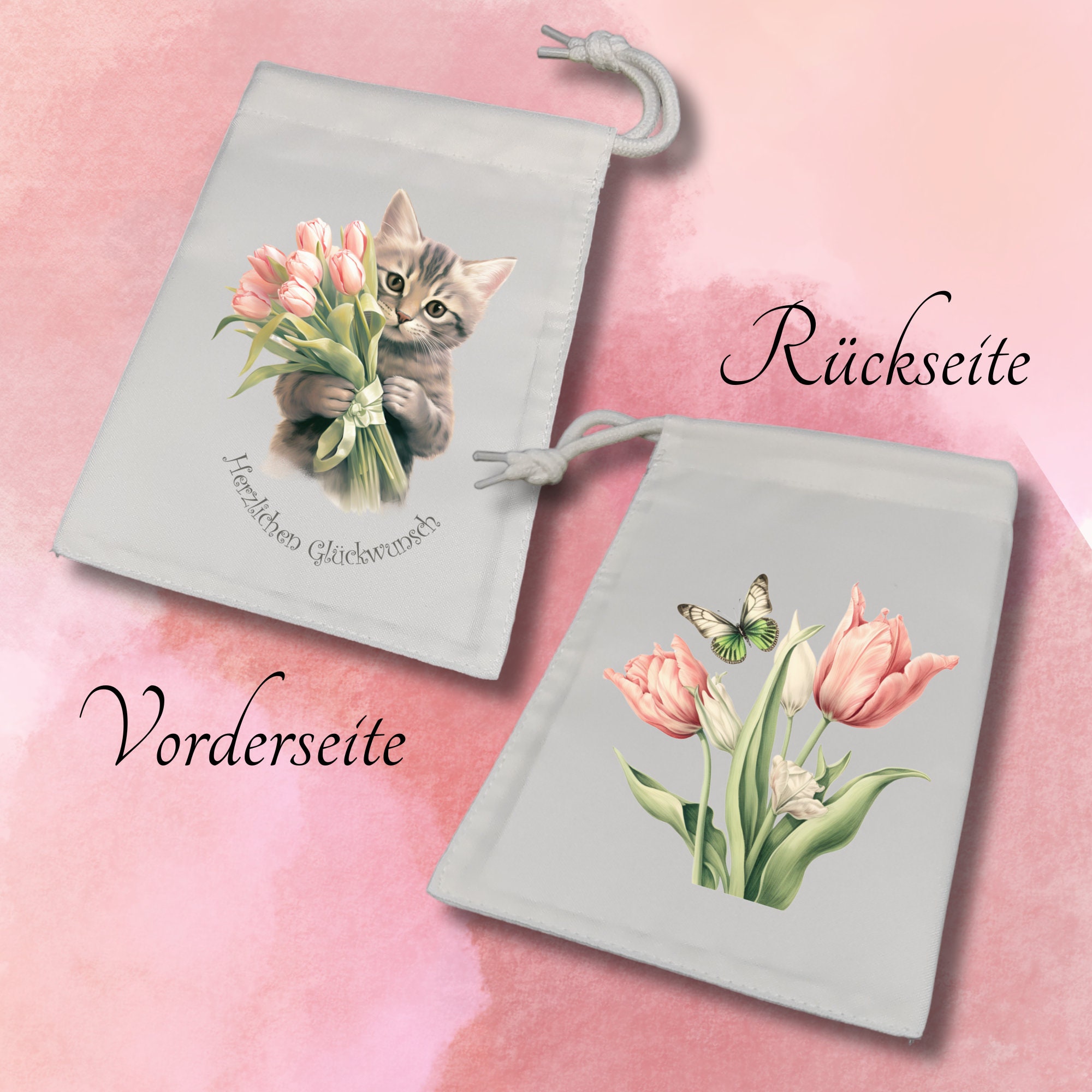 Geschenksäckchen beidseitig bedruckt, Tulpen Katze, Geschenkbeutel, Stofftasche, Stoffbeutel, Verpackung, Geschenkverpackung  #GSSUB