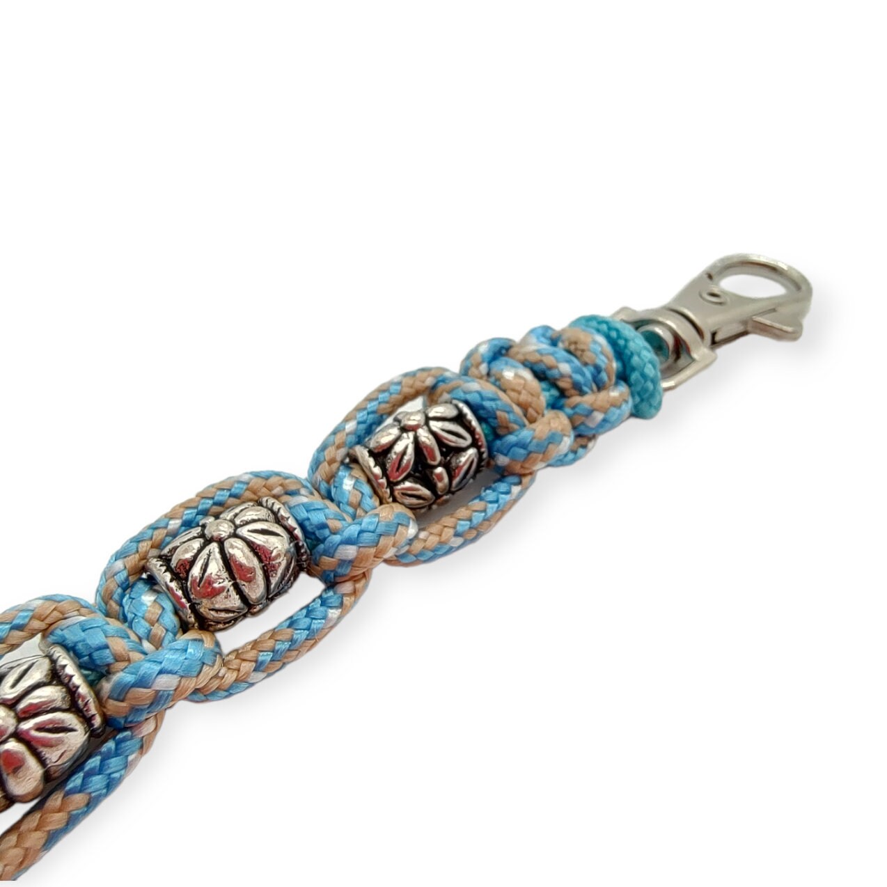 Schlüsselanhänger mit Metallperlen handgeknotet aus Paracord mit Karabiner + Schlüsselring / Blau - Beige