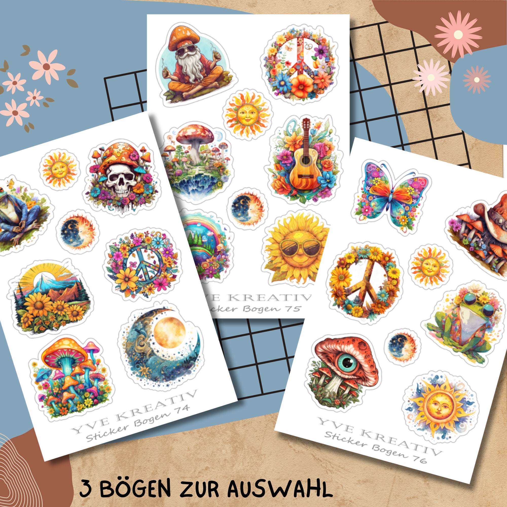 Sticker Bogen, Aufkleber - Peace, Love, Hippie | Sticker Set - 3 Stickerbogen zur Auswahl in Weiß - Transparent - Matt - Glanz  #SBA6