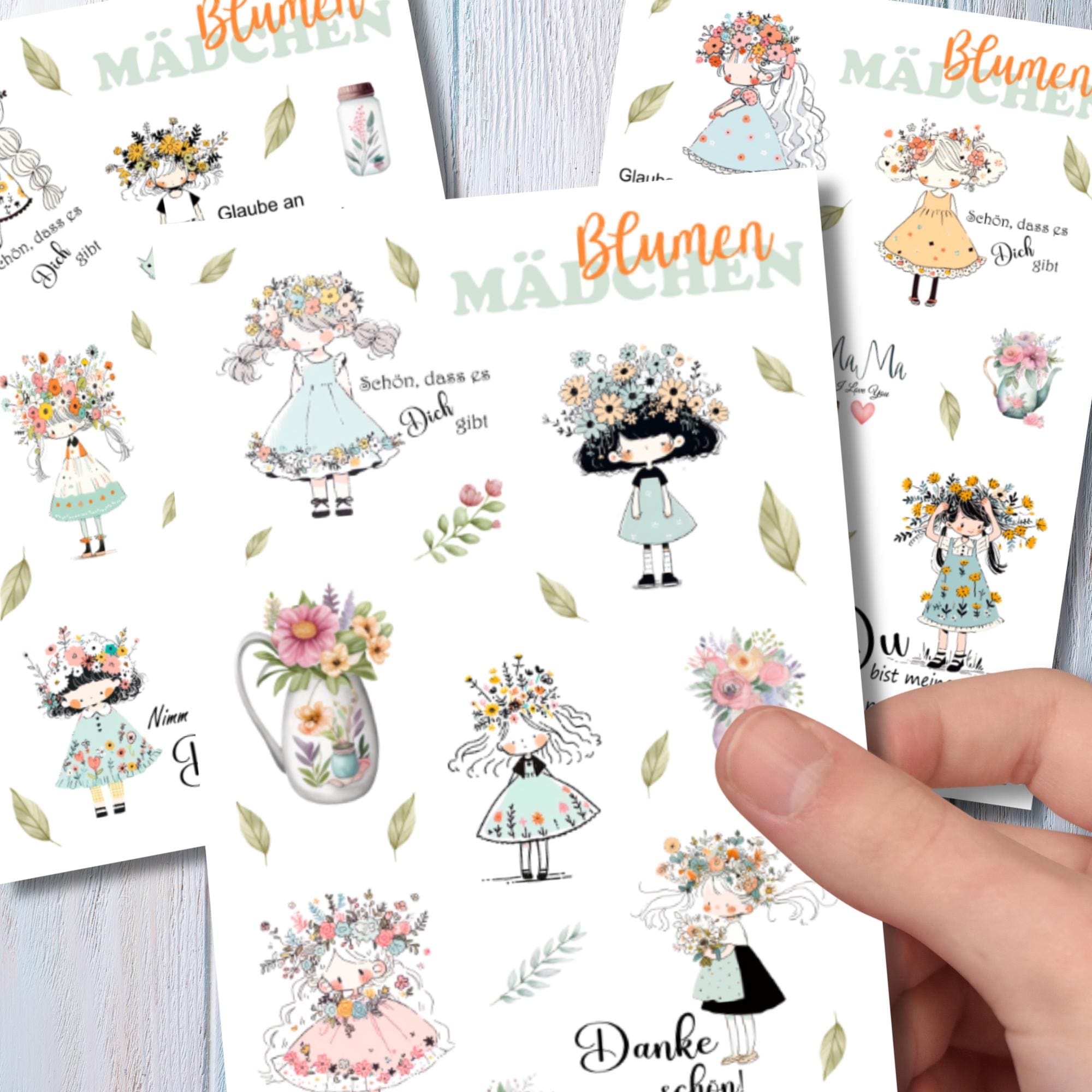 Aufkleber Blumenmädchen Sticker Bogen Blumen Stickerbogen Motivation 3 Bögen zur Auswahl in Weiß - Transparent - Matt - Glanz #SBA6