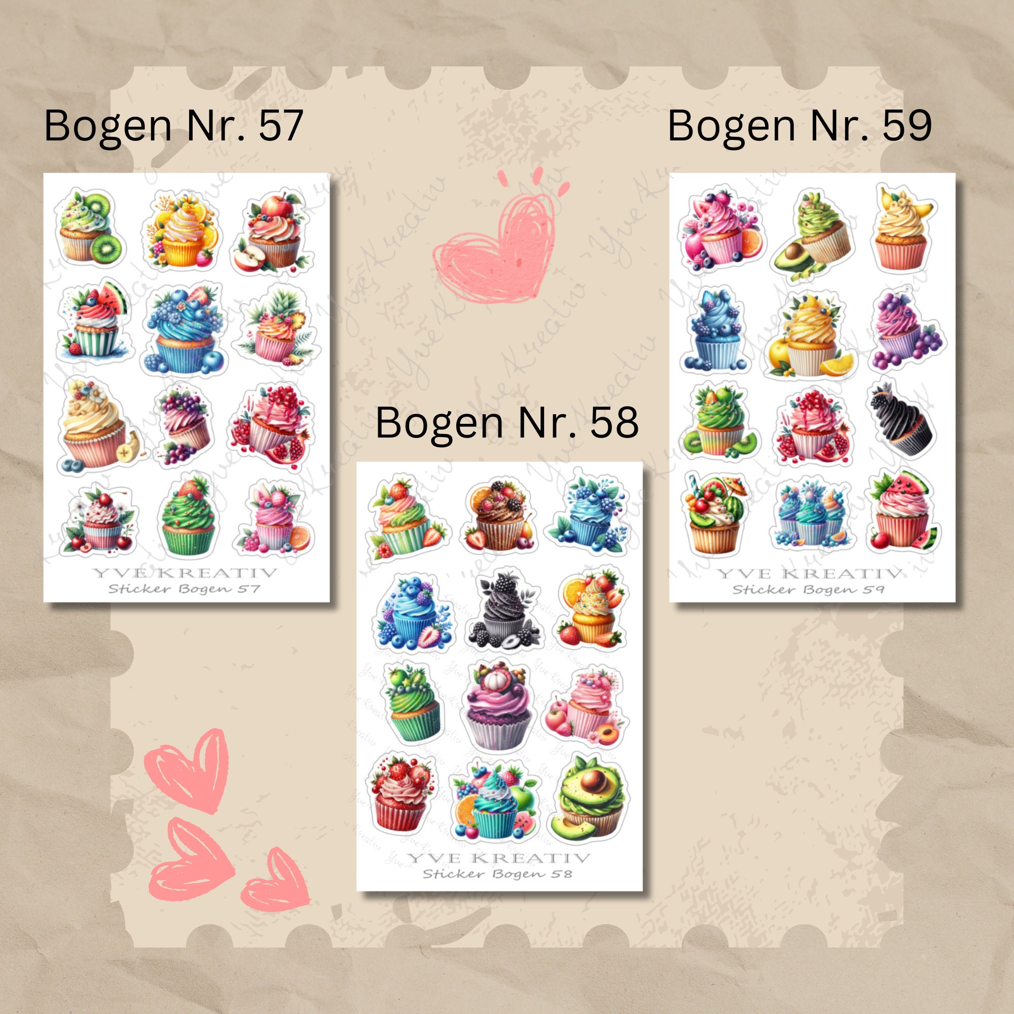 Sticker Bogen, Aufkleber, Cupcake, Muffin | Sticker Set - 3 Stickerbogen zur Auswahl in Weiß - Transparent - Matt - Glanz  #SBA6