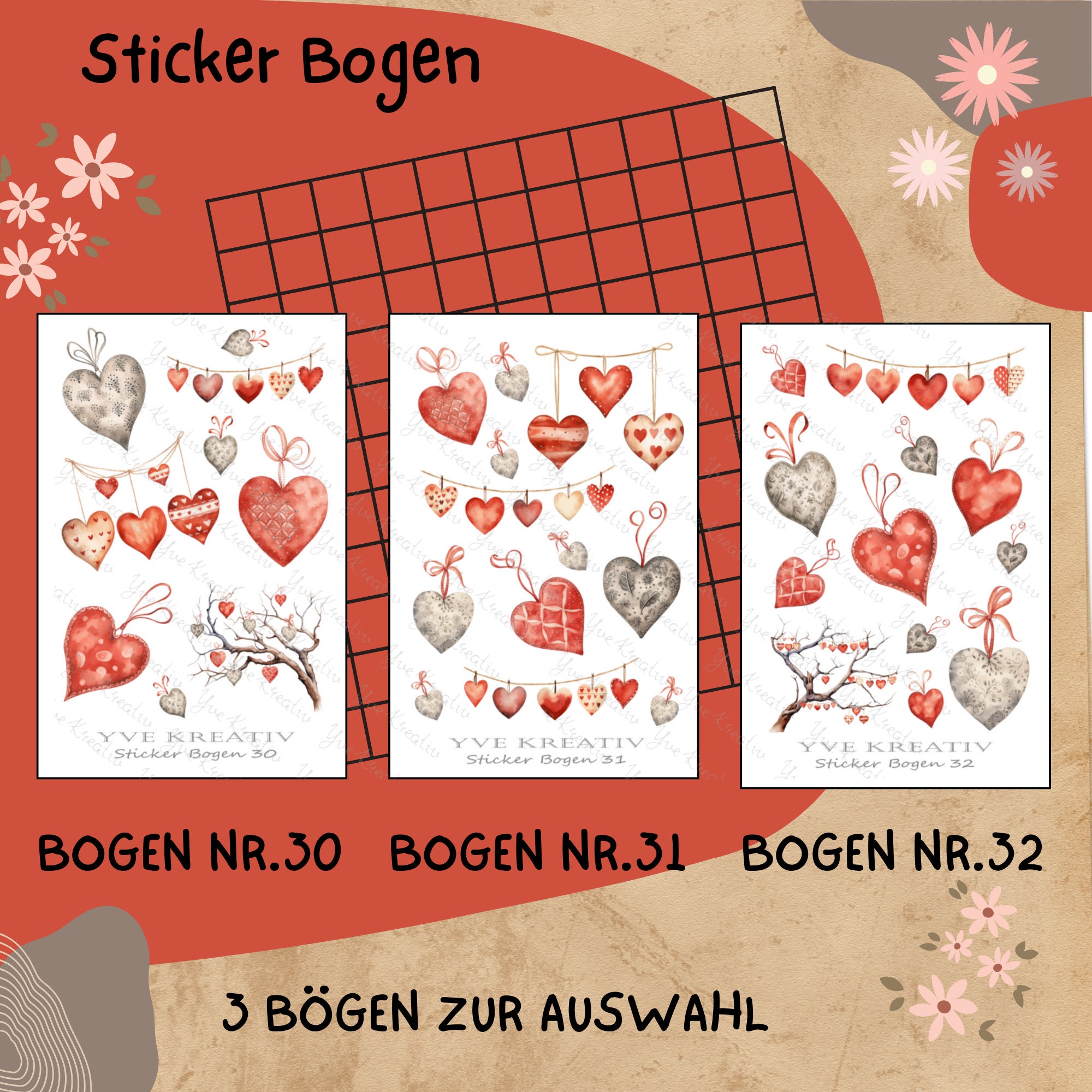 Sticker Bogen " Herzen " | Sticker Set - Aufkleber 3 Stickerbogen zur Auswahl in Weiß - Transparent - Matt - Glanz