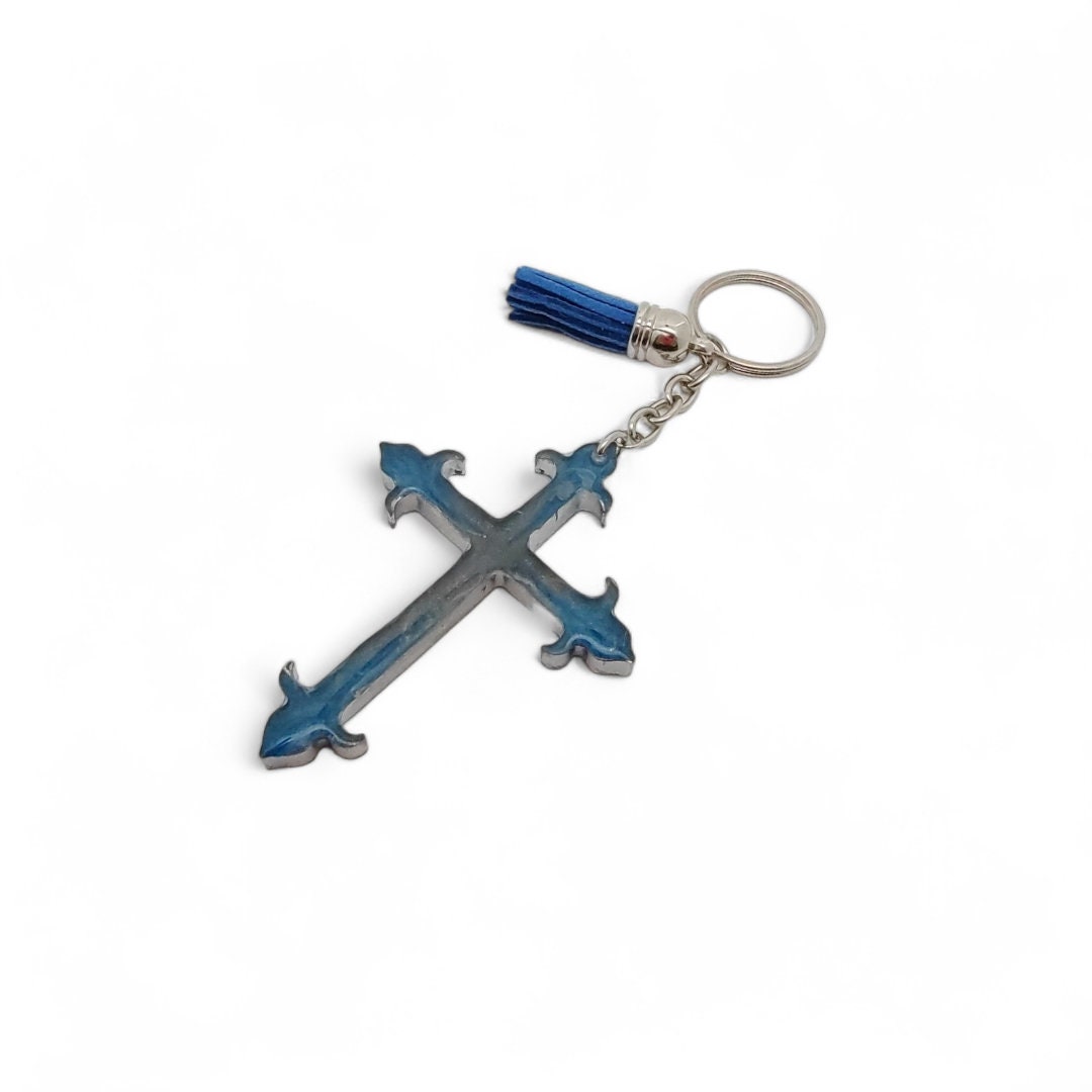 Schlüsselanhänger Kreuz aus Epoxidharz mit einer kleinen Quaste Geschenk Kommunion Konfirmation  #1673905249