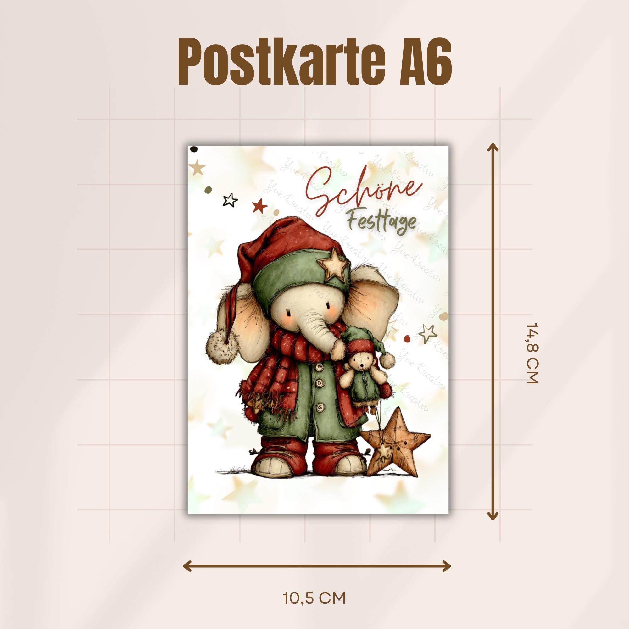 Postkarte niedlicher Weinachts Elefant Grußkarte Karte zu Weihnachten Weihnachtskarte Geschenkkarte Leinenstruktur Karte A6 #PWE184