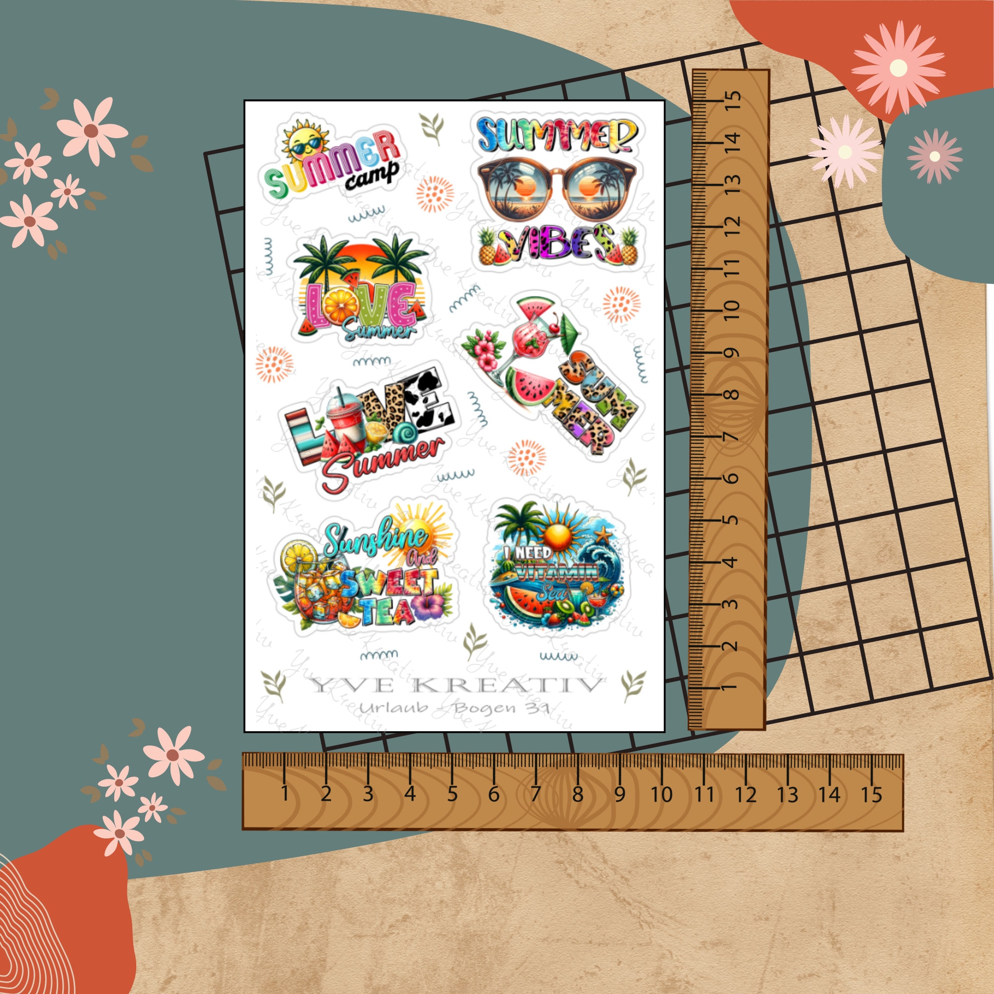 Sticker Bogen, Aufkleber, Sommer, Urlaub, Strand, Sonne | Sticker Set, Stickerbogen zur Auswahl in Weiß - Transparent - Matt - Glanz
