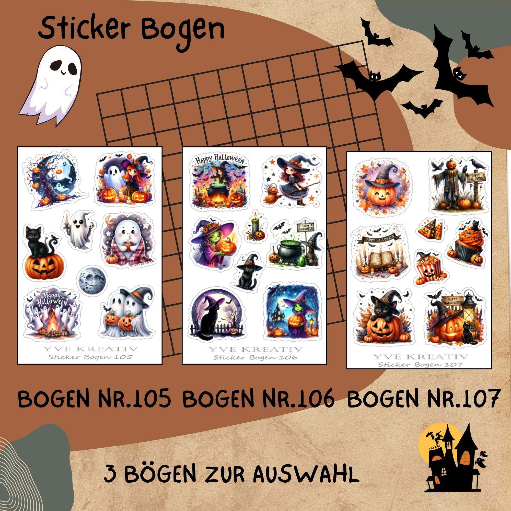 Halloween Stickerbogen, Grusel Aufkleber, Kürbis und Vampire Sticker Set, 3 Bögen zur Auswahl in Weiß - Transparent - Matt - Glanz  #SBA6