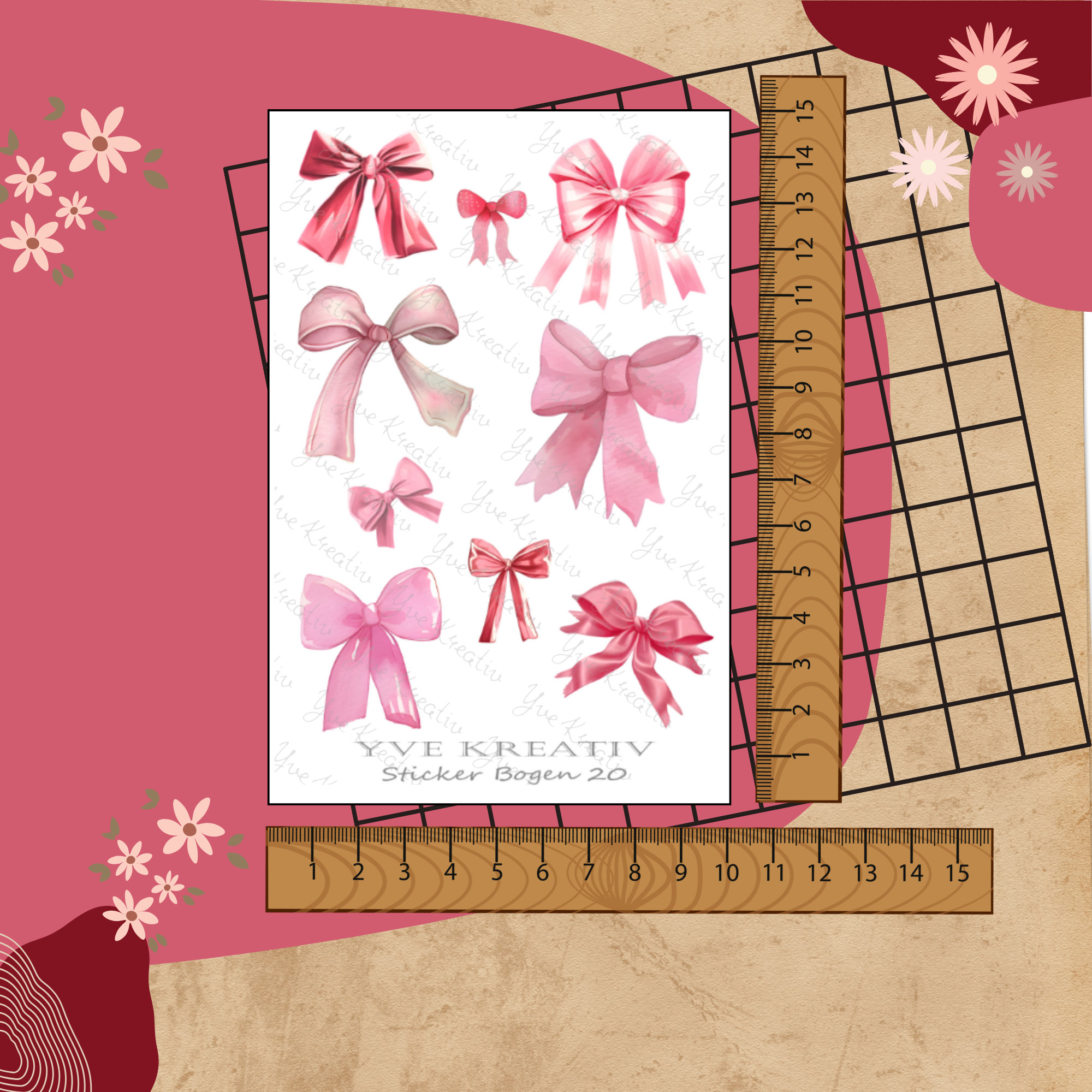 Sticker Bogen " Schleifen rosa rot " | Sticker Set - Aufkleber 3 Stickerbogen zur Auswahl in Weiß - Transparent - Matt - Glanz  #SBA6