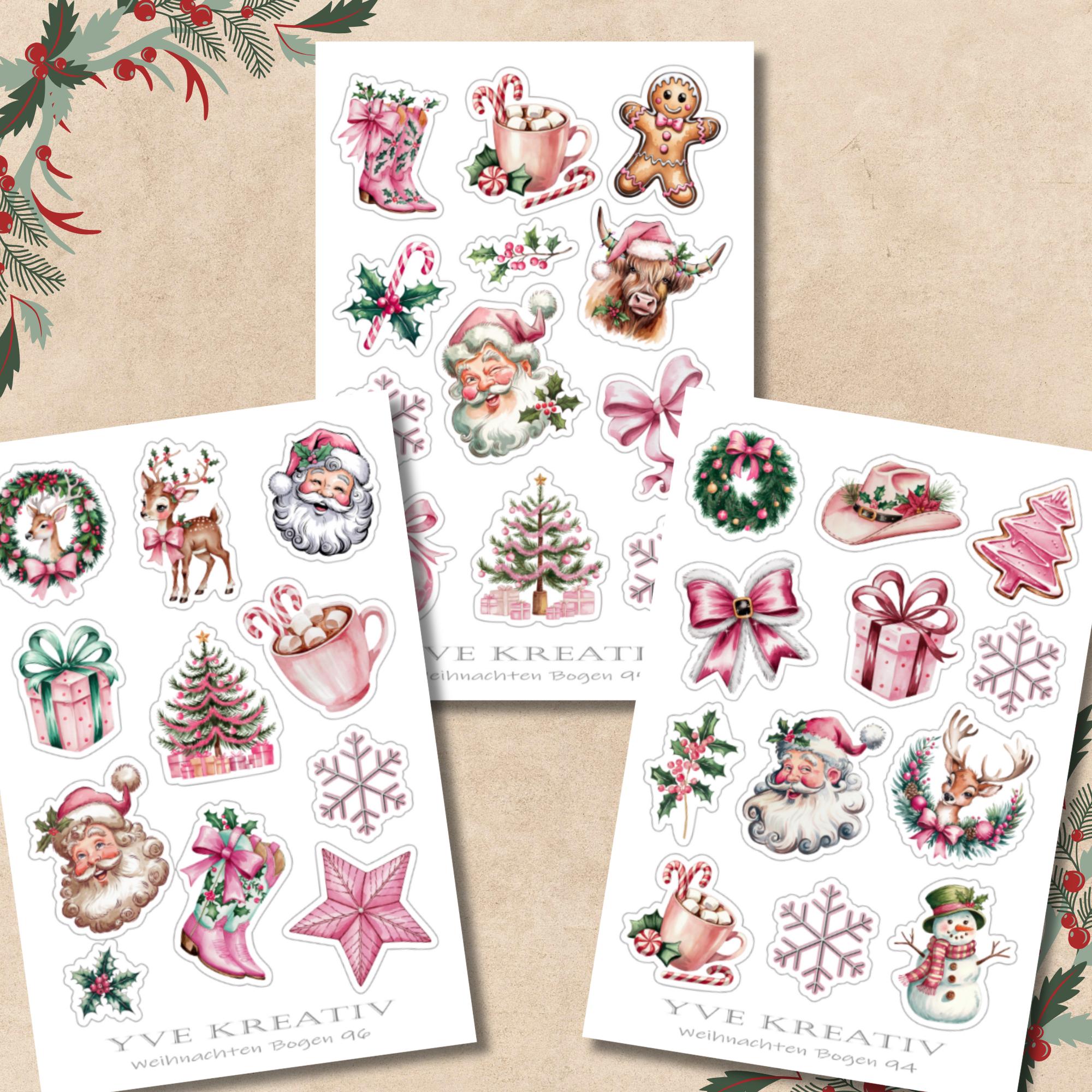 Aufkleber Weihnachtssticker Bogen "Weihnachten Rosa" | Sticker Set - 3 Stickerbogen zur Auswahl in Weiß - Transparent - Matt - Glanz  #SBA6