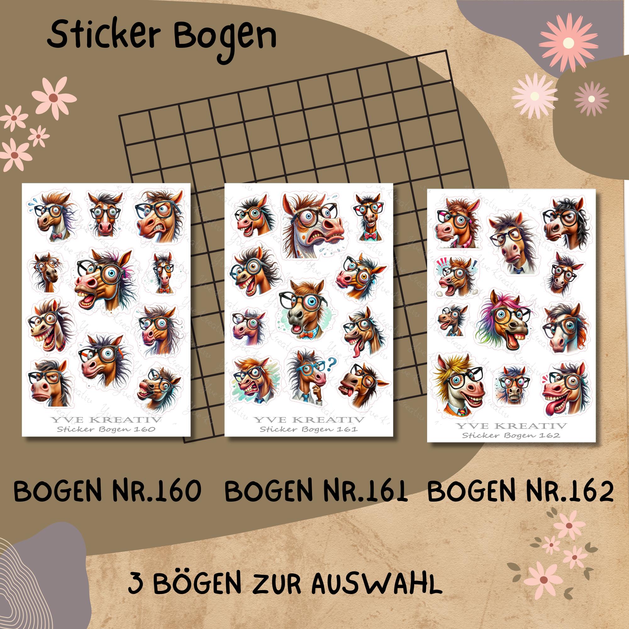Aufkleber, Sticker Bogen, Lustige Pferde, Funny Animal | Sticker Set - 3 Stickerbogen zur Auswahl in Weiß - Transparent - Matt - Glanz #SBA6