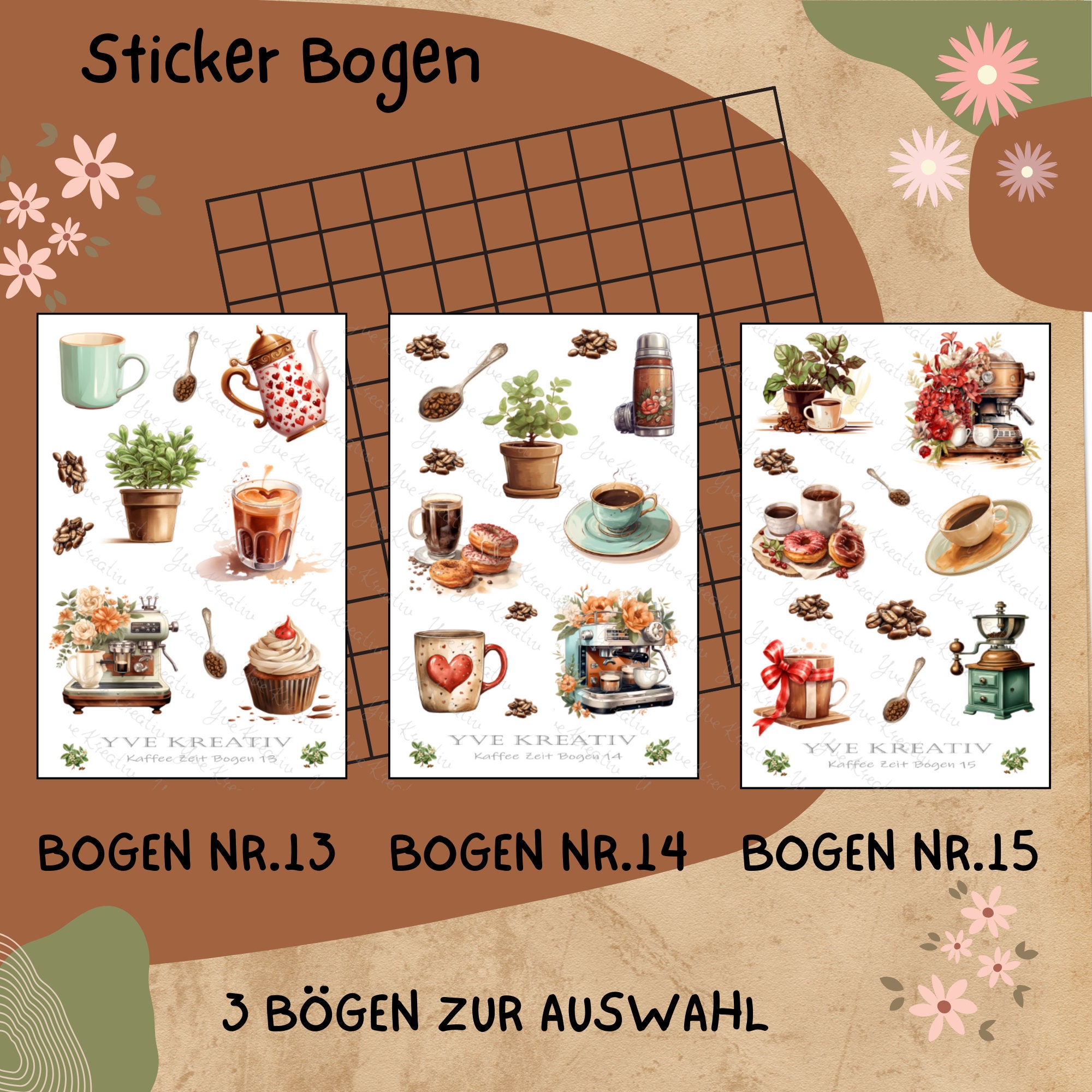 Sticker Bogen " Kaffee - Zeit für Dich " | Sticker Set - Aufkleber 3 Stickerbogen zur Auswahl in Weiß - Transparent - Matt - Glanz  #SBA6