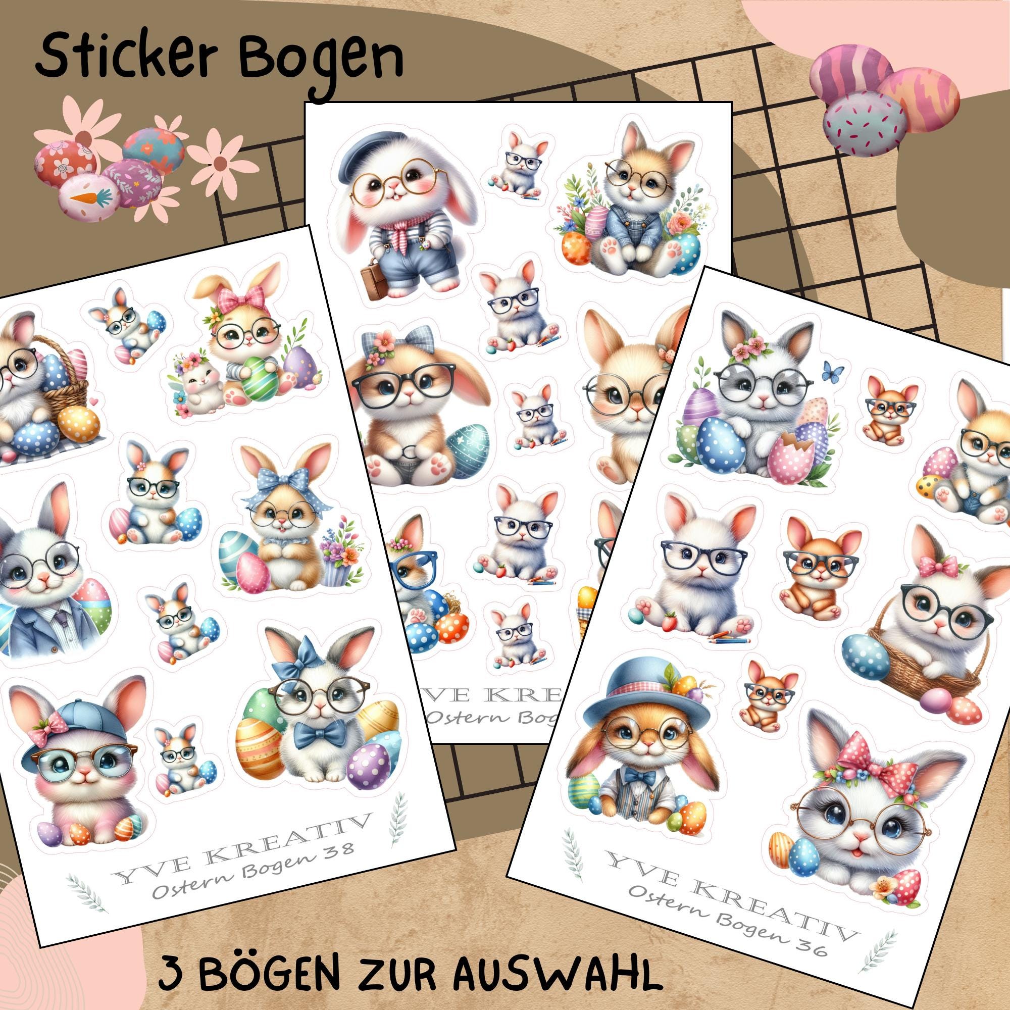 Sticker Bogen " Ostern " | Sticker Set - Aufkleber 3 Stickerbogen zur Auswahl in Weiß - Transparent - Matt - Glanz #SBA6