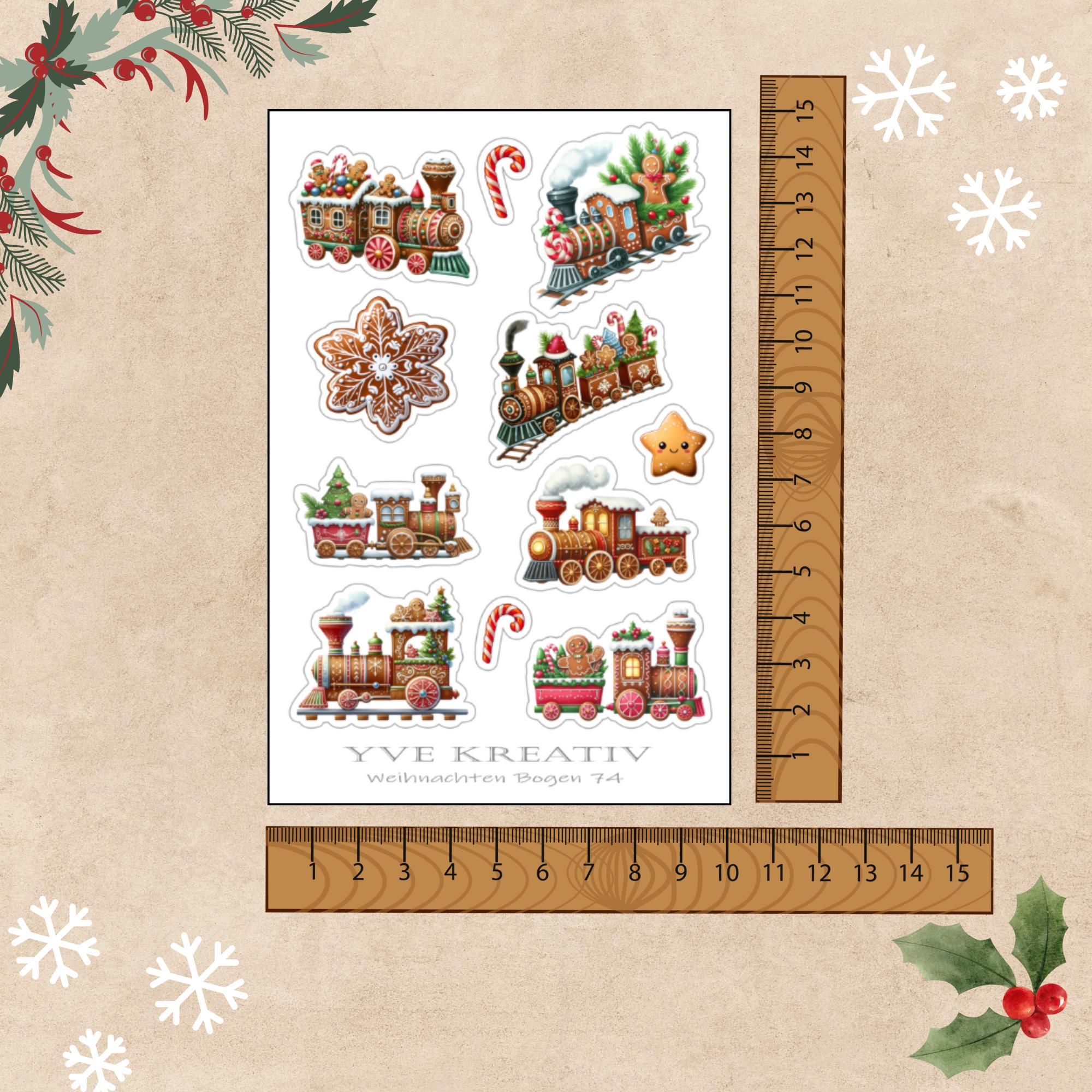 Aufkleber Stickerbogen Weihnachten Zug Lokomotive Lebkuchen | Sticker Set - 3 Bögen zur Auswahl in Weiß - Transparent - Matt - Glanz  #SBA6
