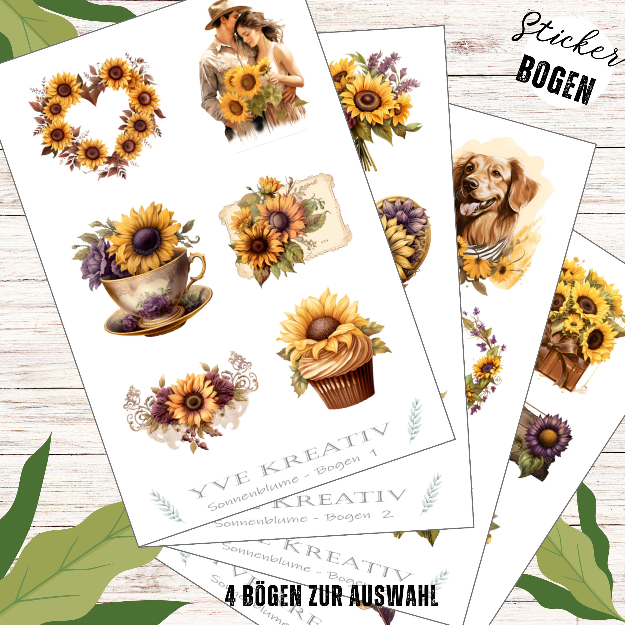 Sticker Bogen - Sonnenblumen | Sticker Set - Journal Sticker - Aufkleber 4 Stickerbogen zur Auswahl in Weiß oder Transparent