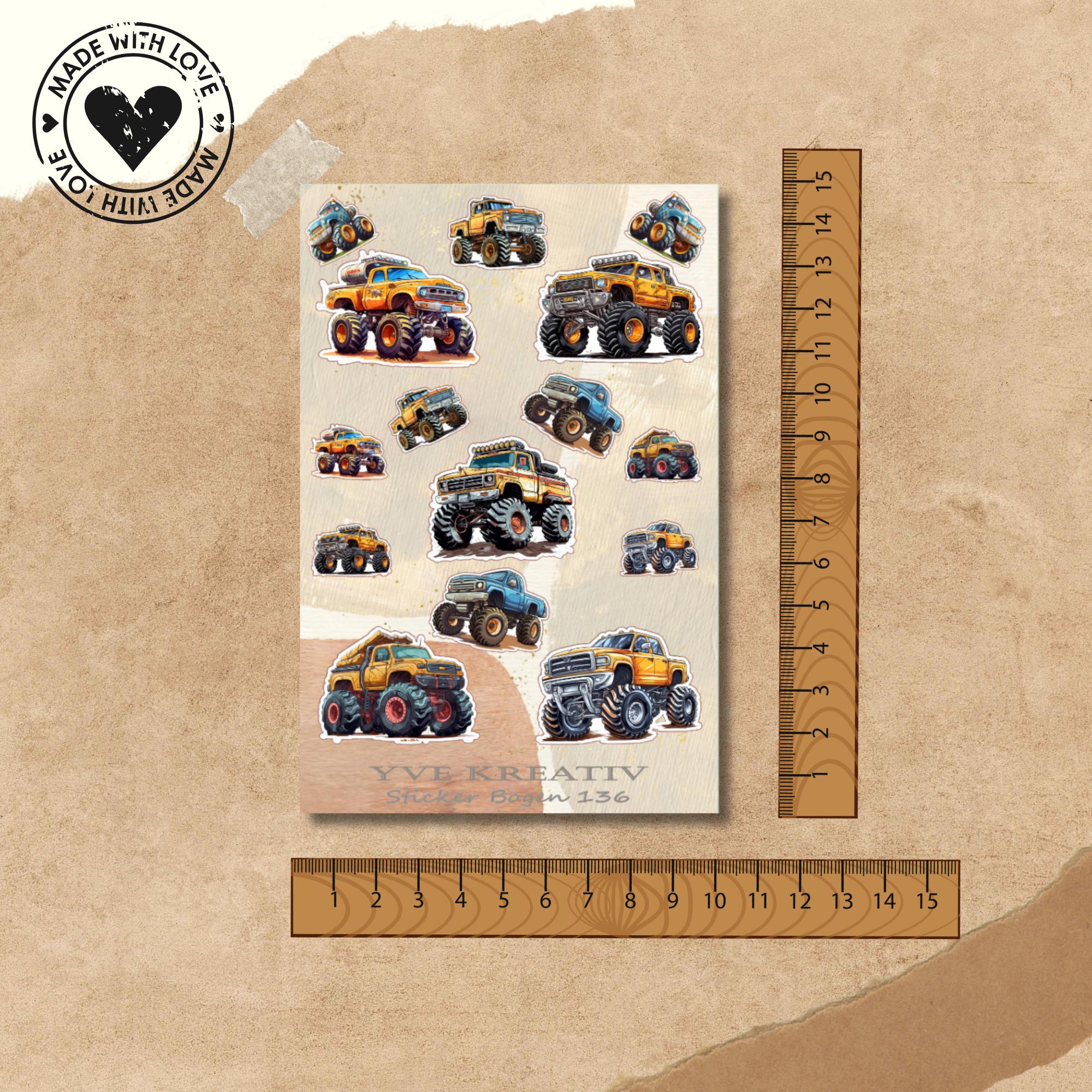 Aufkleber Bogen  " Monstertruck " | Sticker Set - Aufkleber 3 Stickerbogen zur Auswahl in Weiß - Transparent - Matt - Glanz  #SBA6