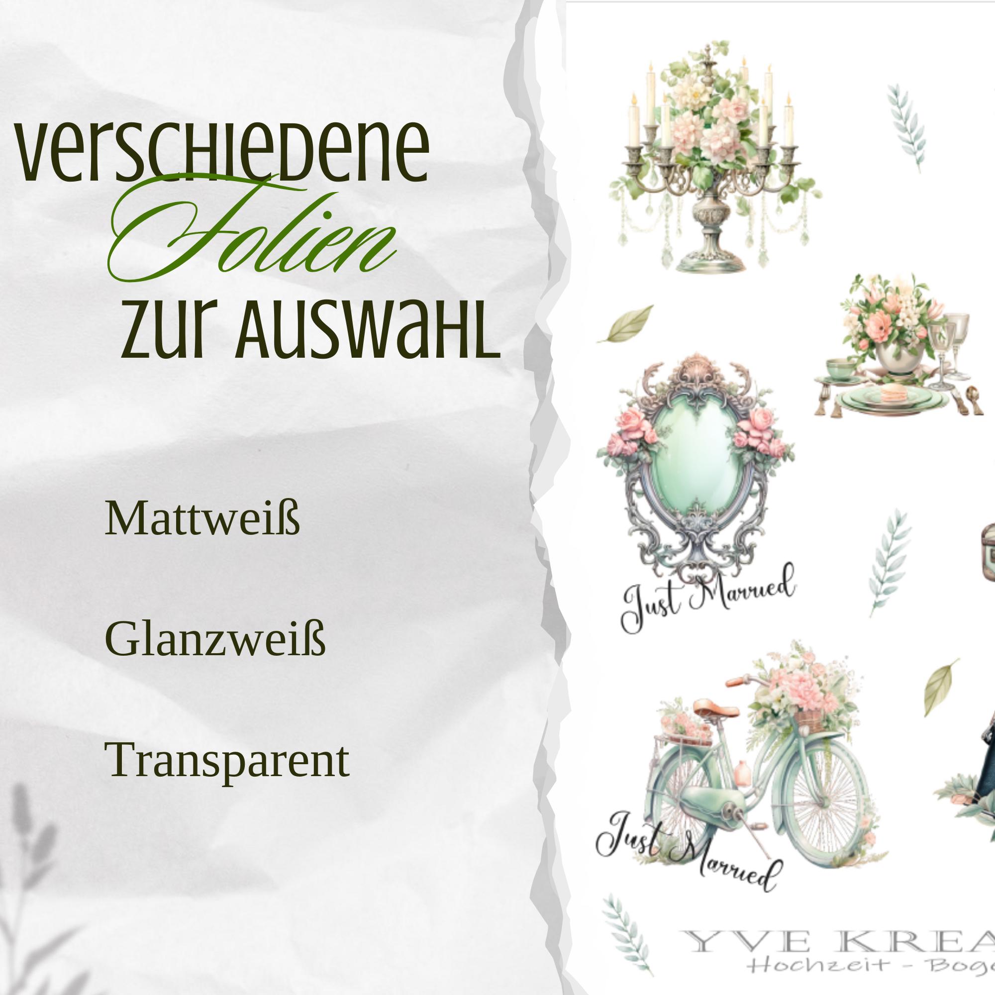 Aufkleber Hochzeit Sticker Bogen Set 2 Stickerbogen zur Auswahl in Weiß - Transparent - Matt - Glanz #SBA6 Aufkleber Hochzeit Sticker Bogen Set 2 Stickerbogen zur Auswahl in Weiß - Transparent - Matt - Glanz #SBA6