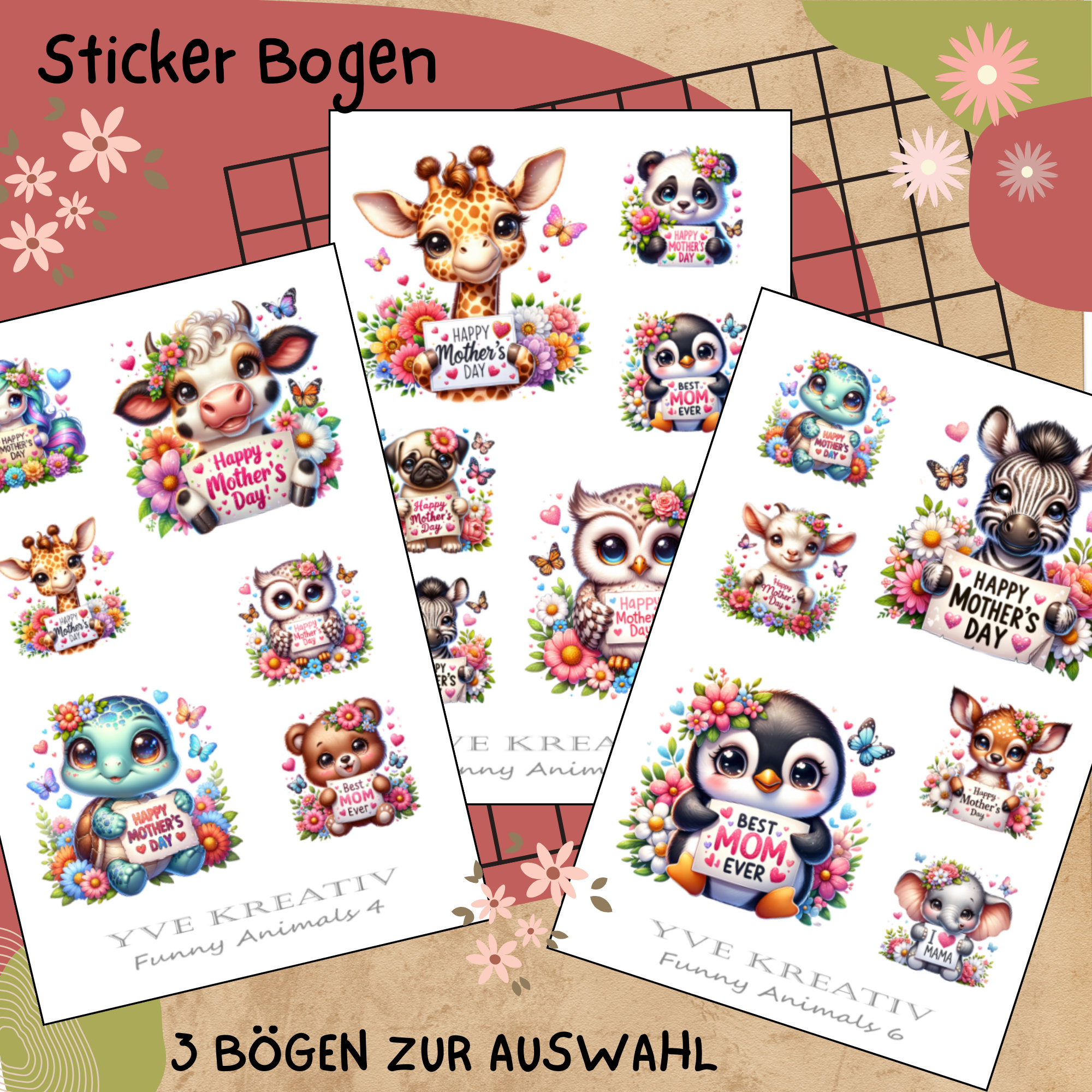 Sticker Bogen "Niedliche Tiere zum Muttertag" | Sticker Set - Aufkleber 3 Stickerbogen zur Auswahl in Weiß - Transparent - Matt - Glanz