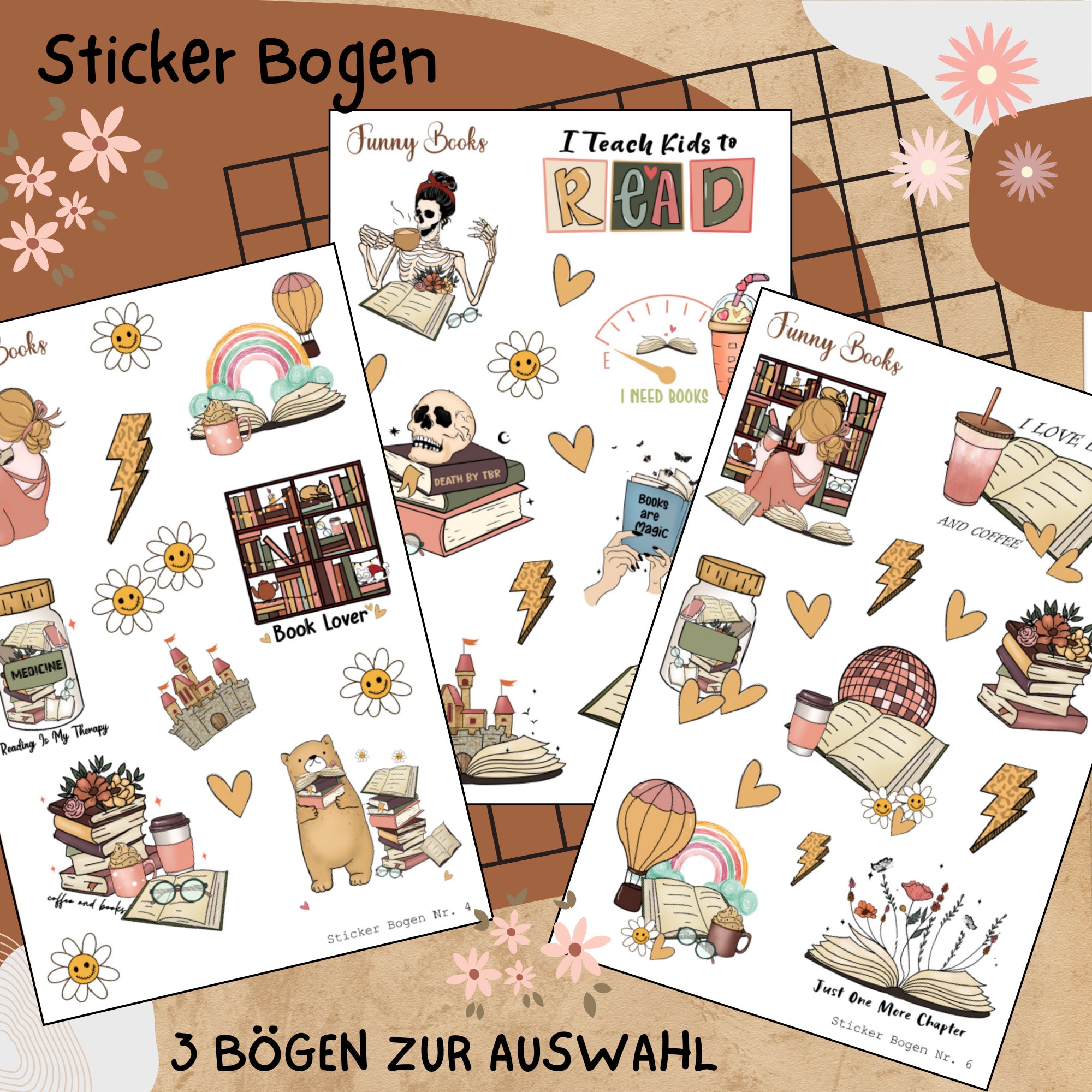 Sticker Bogen, Funny Books, Bücher Lesen, Sticker Set, Aufkleber, 3 Stickerbogen zur Auswahl in Weiß - Transparent - Matt - Glanz  #SBA6
