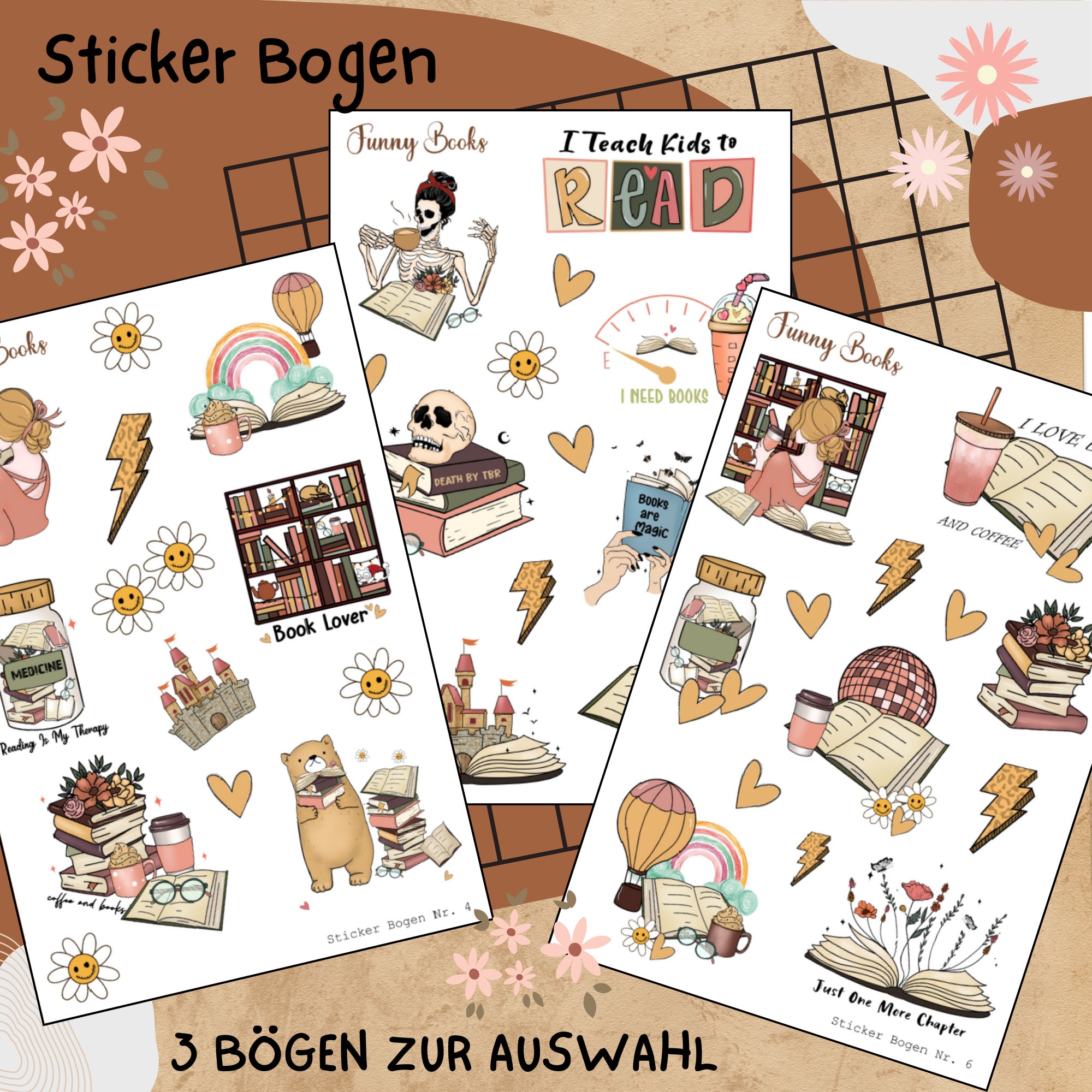 Sticker Bogen, Funny Books, Bücher Lesen, Sticker Set, Aufkleber, 3 Stickerbogen zur Auswahl in Weiß - Transparent - Matt - Glanz