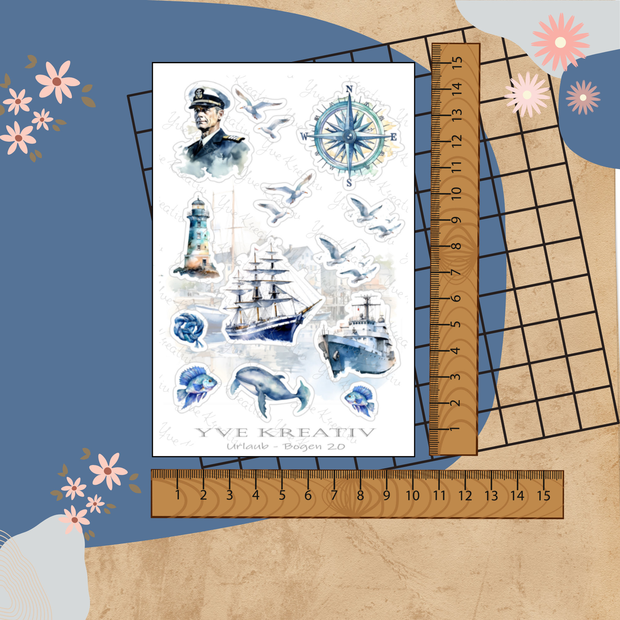 Sticker Bogen " Maritim Meer Urlaub Reisen " | Set - Aufkleber 2 Stickerbögen zur Auswahl in Weiß - Transparent - Matt - Glanz  #SBA6