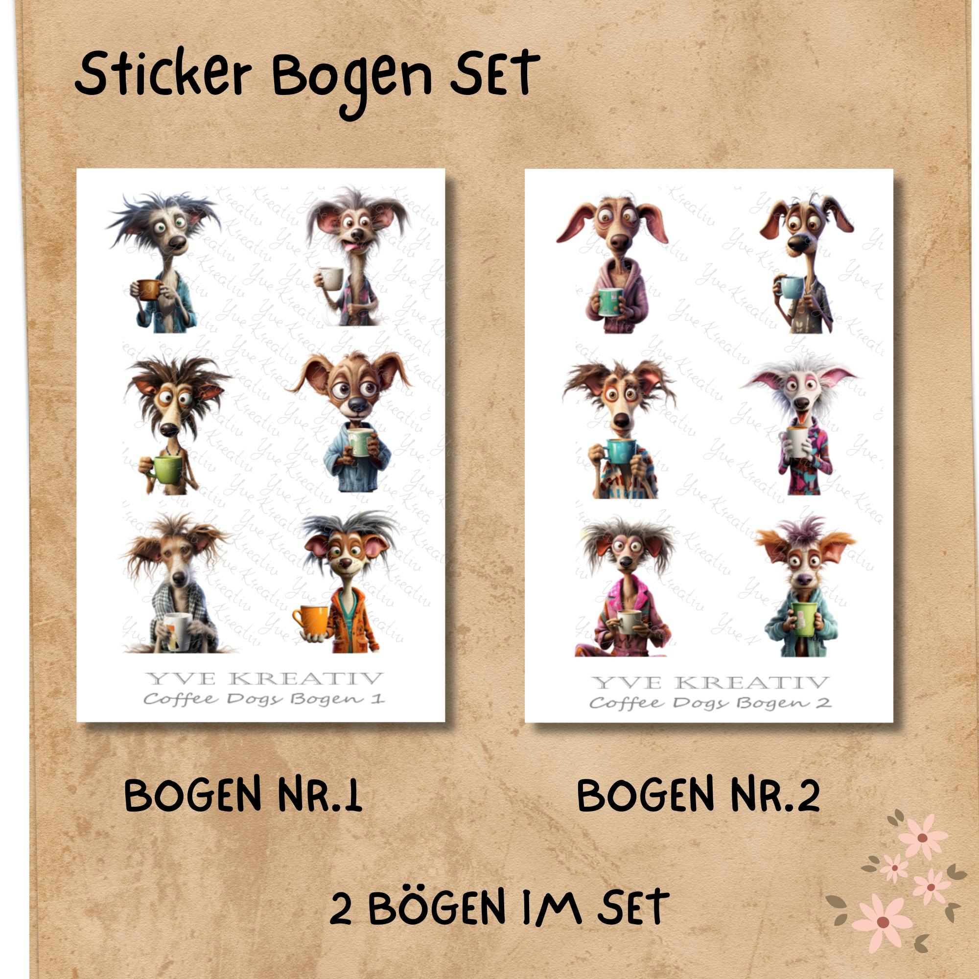 2 Stickerbogen SET Kaffee Hunde Aufkleber Sticker Kaffeeliebhaber | Sticker Set zur Auswahl in Weiß - Transparent - Matt - Glanz #SBA6