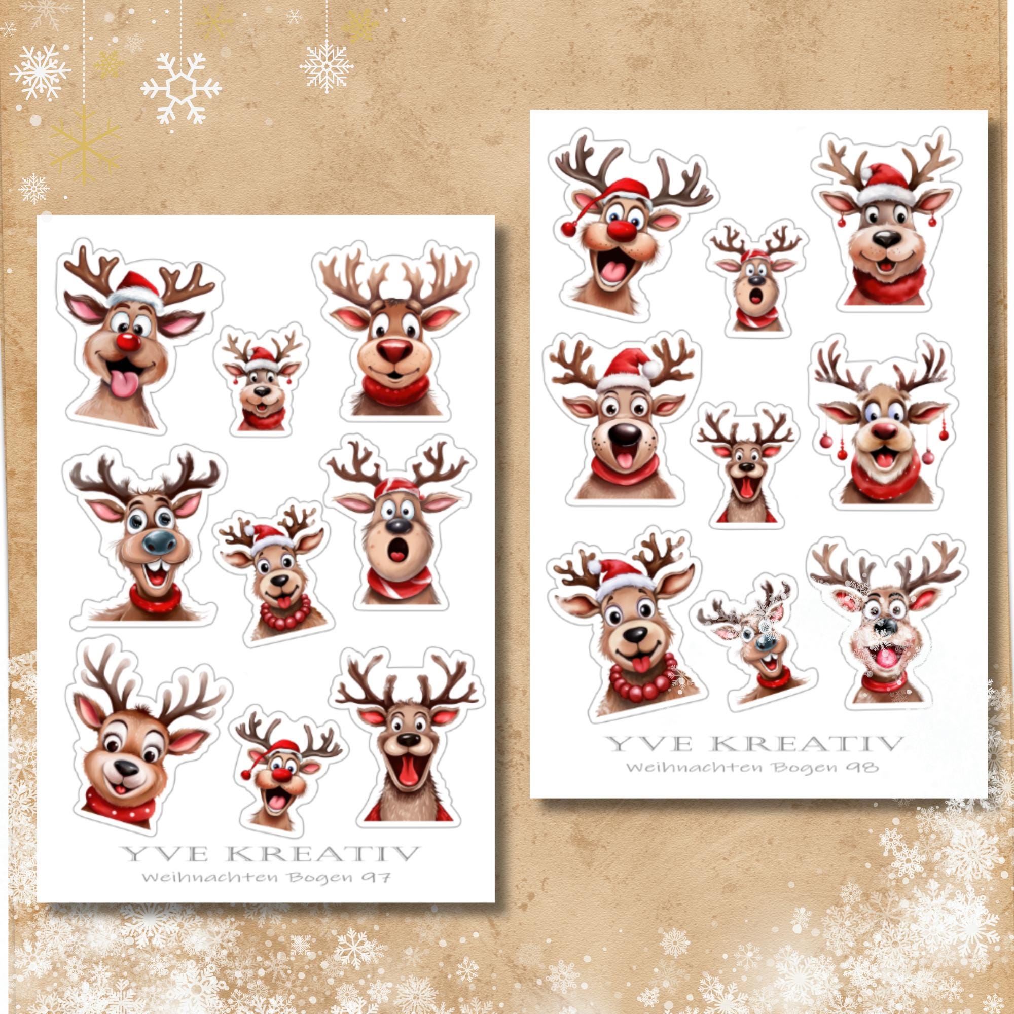 Aufkleber, Weihnachten Rentier, Sticker - 2 Stickerbogen zur Auswahl in Weiß - Transparent - Matt - Glanz  #SBA6