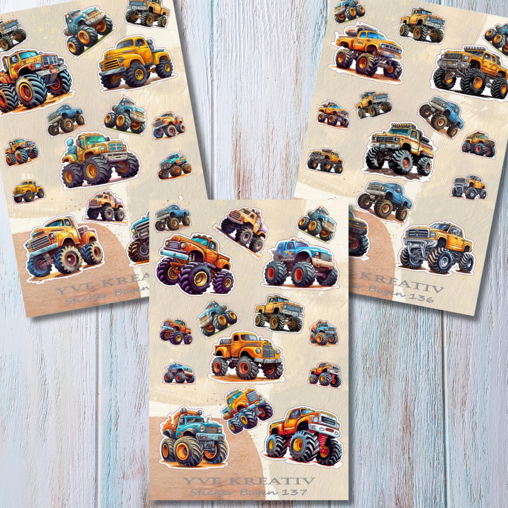 Aufkleber Bogen  " Monstertruck " | Sticker Set - Aufkleber 3 Stickerbogen zur Auswahl in Weiß - Transparent - Matt - Glanz  #SBA6